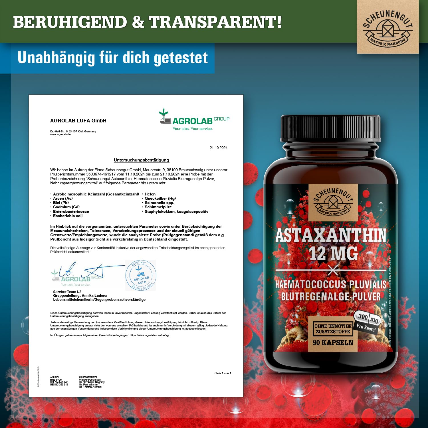 Astaxanthin 12mg -Direkt aus Frankreich- Oxidations-Schutz DE SCHEUNENGUT® | WICHTIG: Oxidationsfrei durch veresterte Struktur -keine China Ware- Zertifiziertes Astaxanthin hochdosiert 90Stk