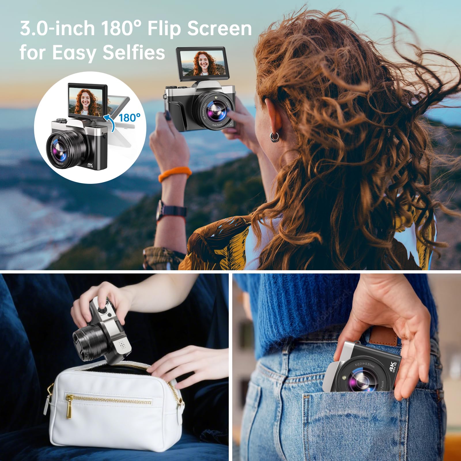 Fotocamera Digitale 4K WiFi, 64 MP Autofocus, Zoom 16X | Schermo ribaltabile da 3 pollici a 180°, scheda 32GB, base di ricarica e 2 batterie per vlog e viaggi