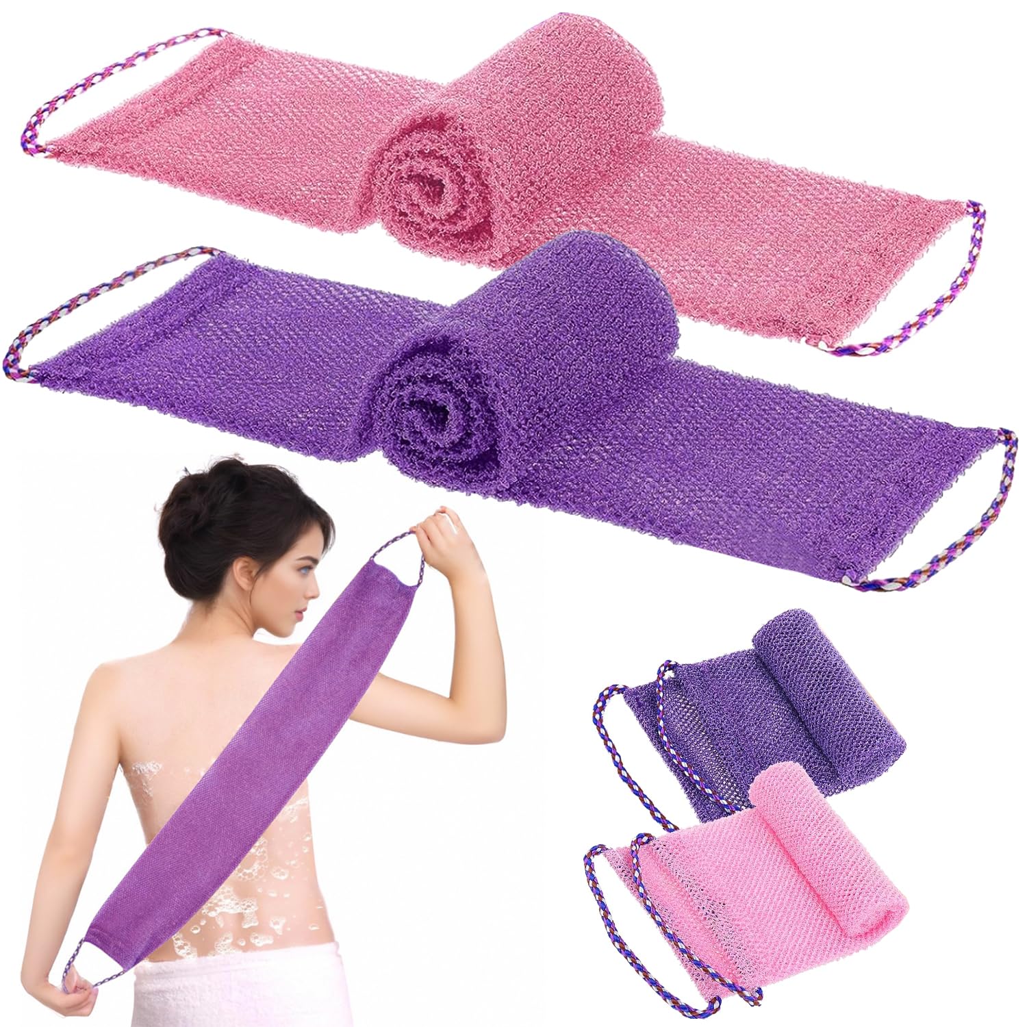 African Exfoliating Net Sponge with Knots，2 Pcs 31.5" Long Exfoliating African Body Scrubber with Rope Handles, Reusable Wash Cloths for Daily Shower, Men & Women, Purple/Pink