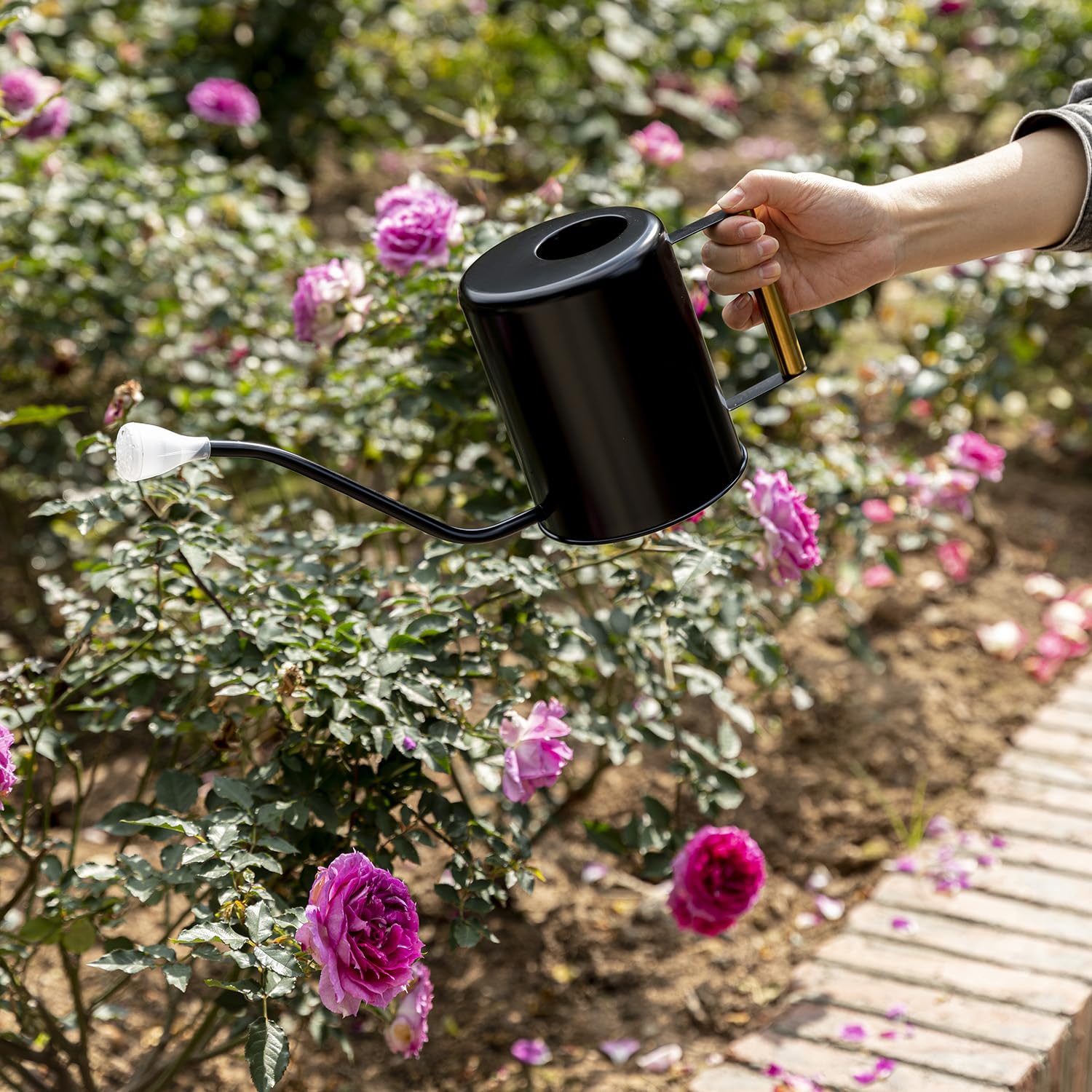 L&H Unico Annaffiatoio in acciaio inox da 1,94 l, beccuccio lungo per irrigazione di piante da interno o giardinaggio all'aperto, con 2 beccucci rimovibili per fiori, nero