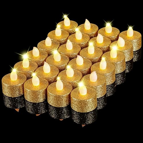 Miniatura 1 de Mudder 24 velas de té doradas, velas LED, velas votivas sin llama, funciona con pilas, velas de té eléctricas con purpurina para vacaciones de