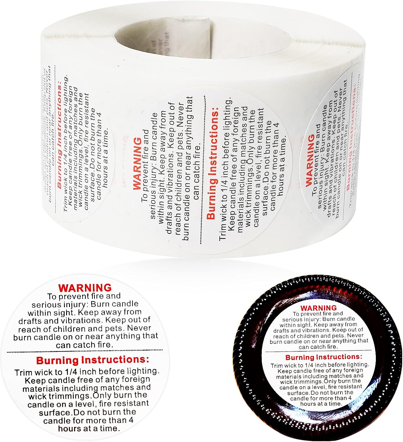 Aslanka Candle Warning Labels, 1.5 Inch Round Shape Candle Warning Stickers, 500Pcs Waterproof Candle Labels, Safety Warning Labels for Candles, Jars, Candle Tin Containers-1 Roll