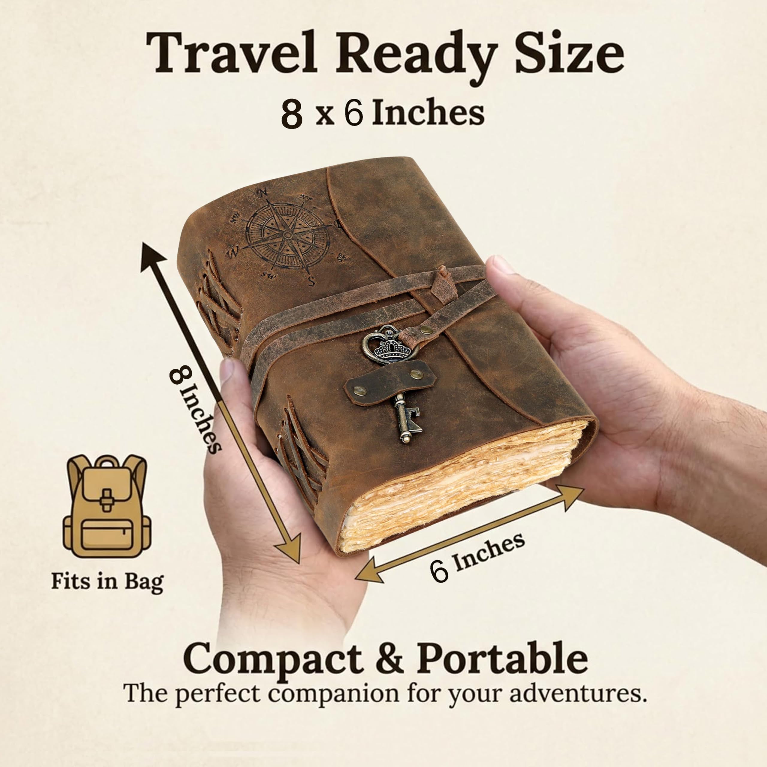 Boussole Journal vintage en cuir – Journal relié en cuir antique fait à la main avec papier à bords surélevés pour homme et femme – Carnet de croquis en cuir – Carnet de dessin – Cadeau (marron
