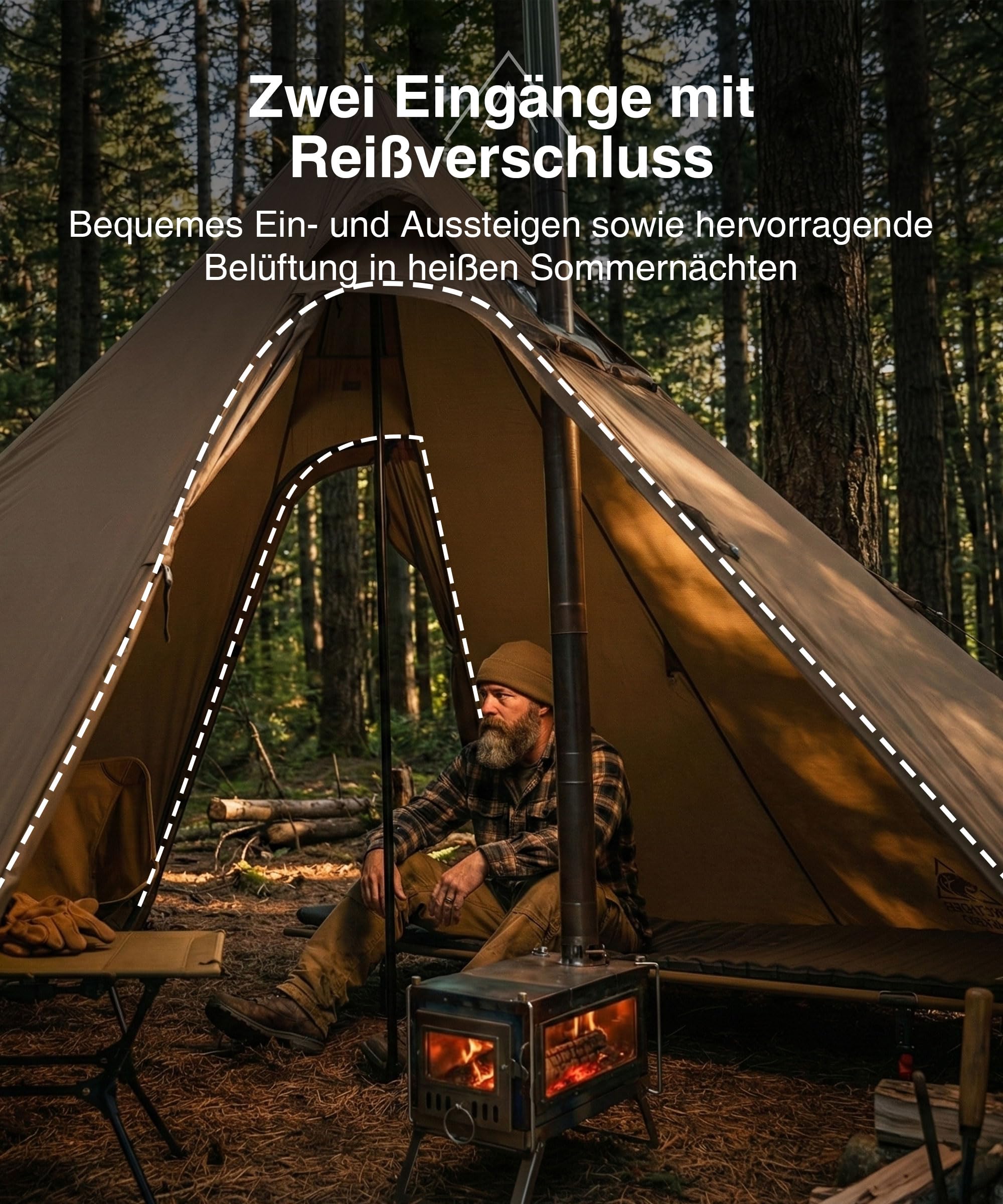 OneTigris NORTHGAZE 2.0 Tipi Zelt für 2–4 Personen Outdoor Camping Zelt mit Ofenloch Abdeckung 4 Jahreszeiten Zelt wasserdicht 3000mm Pyramidenzelt (Nylon)