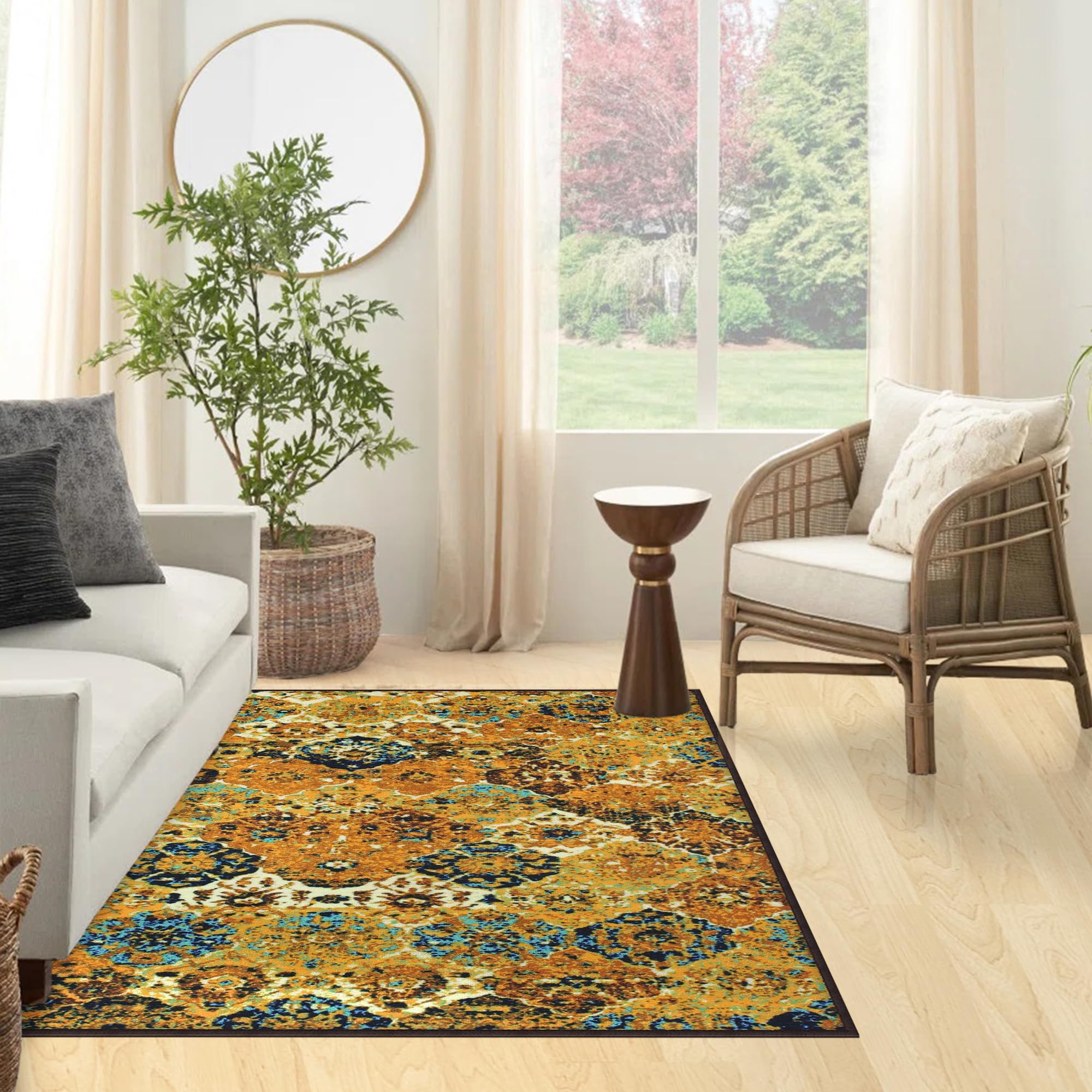 Story@Home Carpet For Living Room Anti-Slip Washable Rugs For Living Room, Boho Rug, Moroccan Print (Orange And Blue, 90 X 150 Cm)