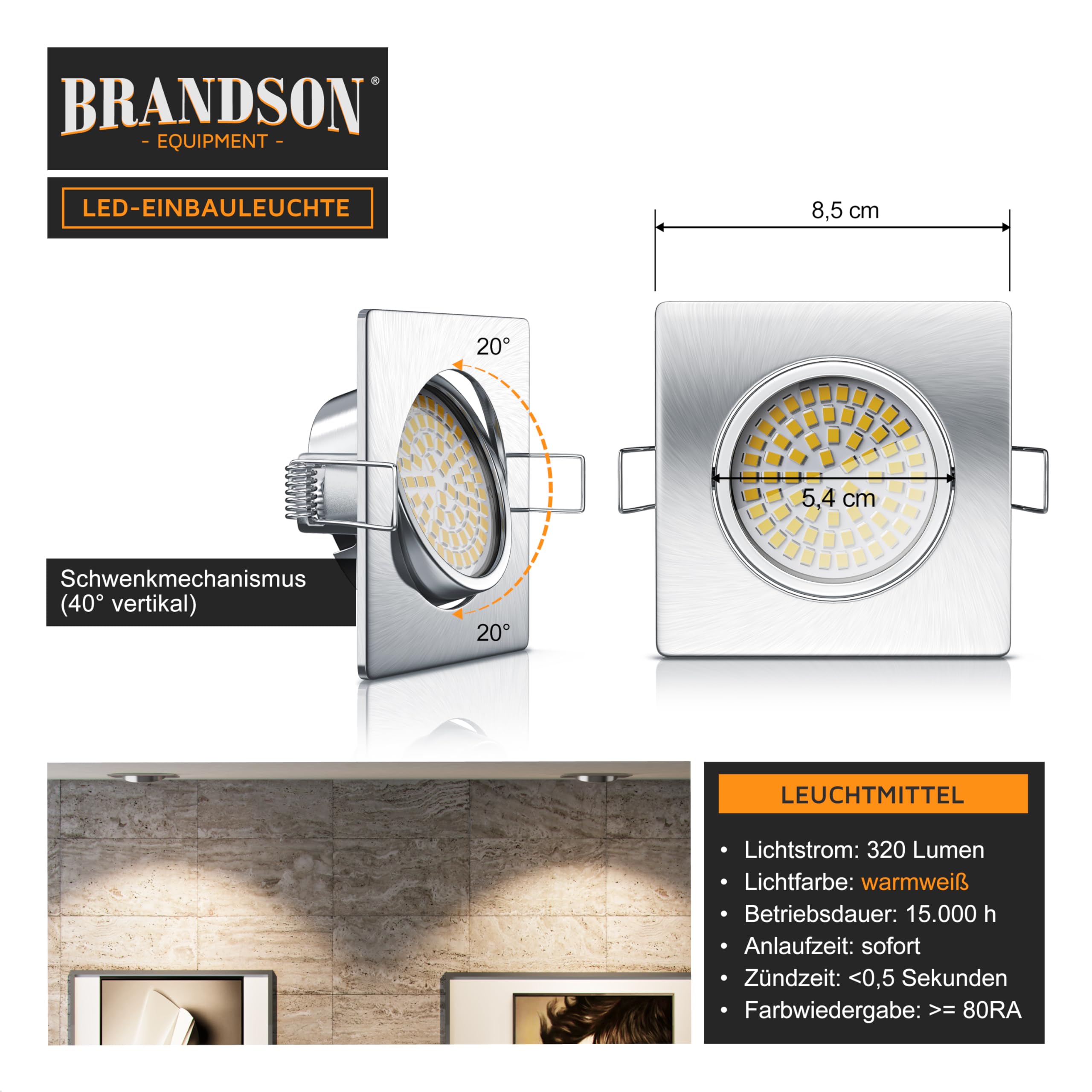 Brandson - 12 x Set Ultra Flach LED Deckenspot eckig warmweiß schwenkbar - Einbauleuchte - Einbauspot Deckenstrahler - Slim Aluminium Druckgussrahmen Edelstahl Optik