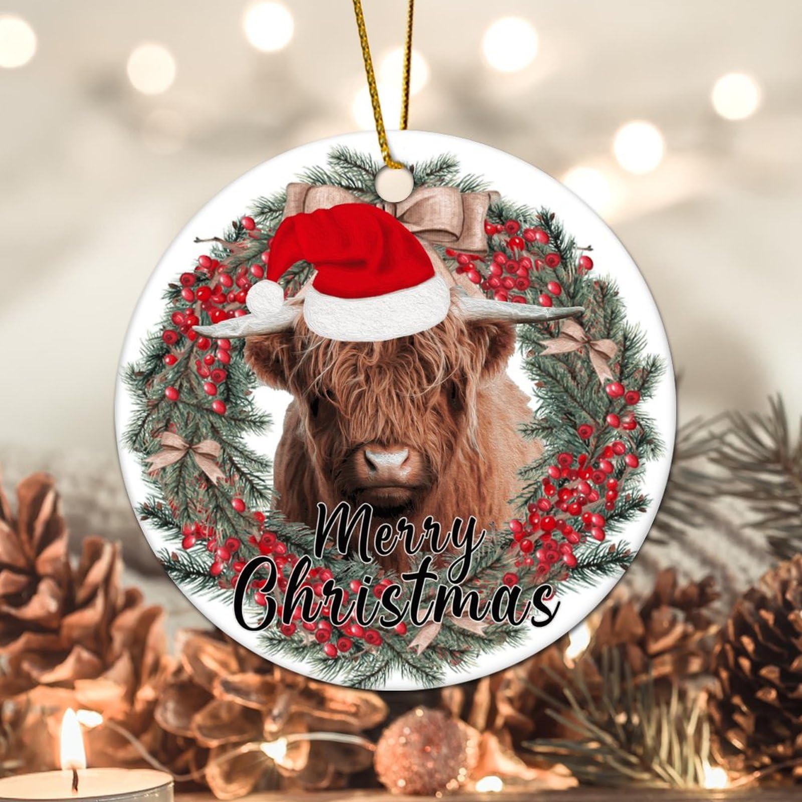 Evans1nism Christmas Porcelain Ornament Highland Cow Santa Hat Round Keepsake Red Floral Wreath Double-Sided Printing Funny Cow Winter Holiday Christmas Decoration Gift for Parents Friend 3.2 Inch
