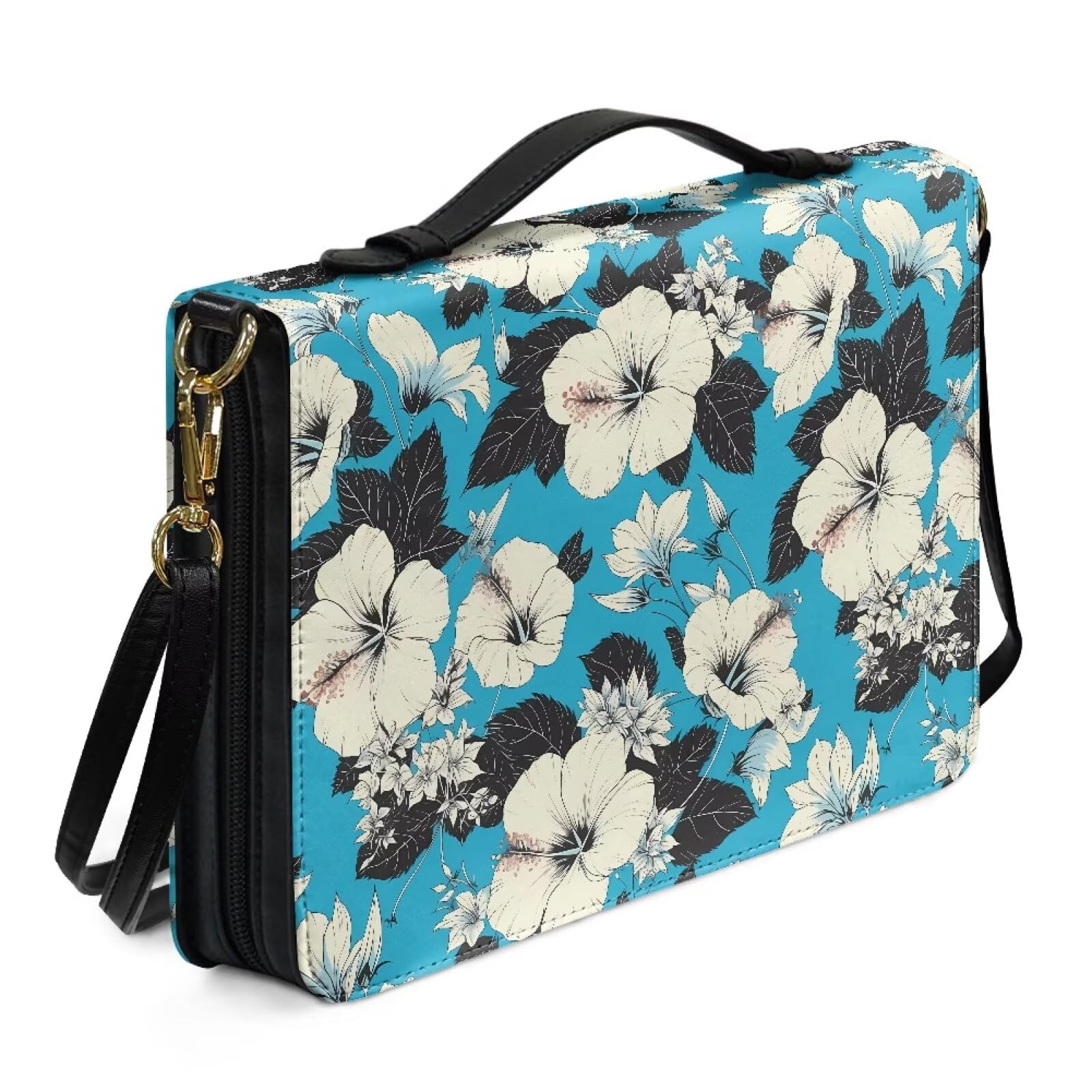 Kuiaobaty Hawaii Hibiscus Bible Case Large Size Book Carrying Bag with Handle,Tropical Flowers PU Leather Book Protective Bag with Shoulder Strap — image 1
