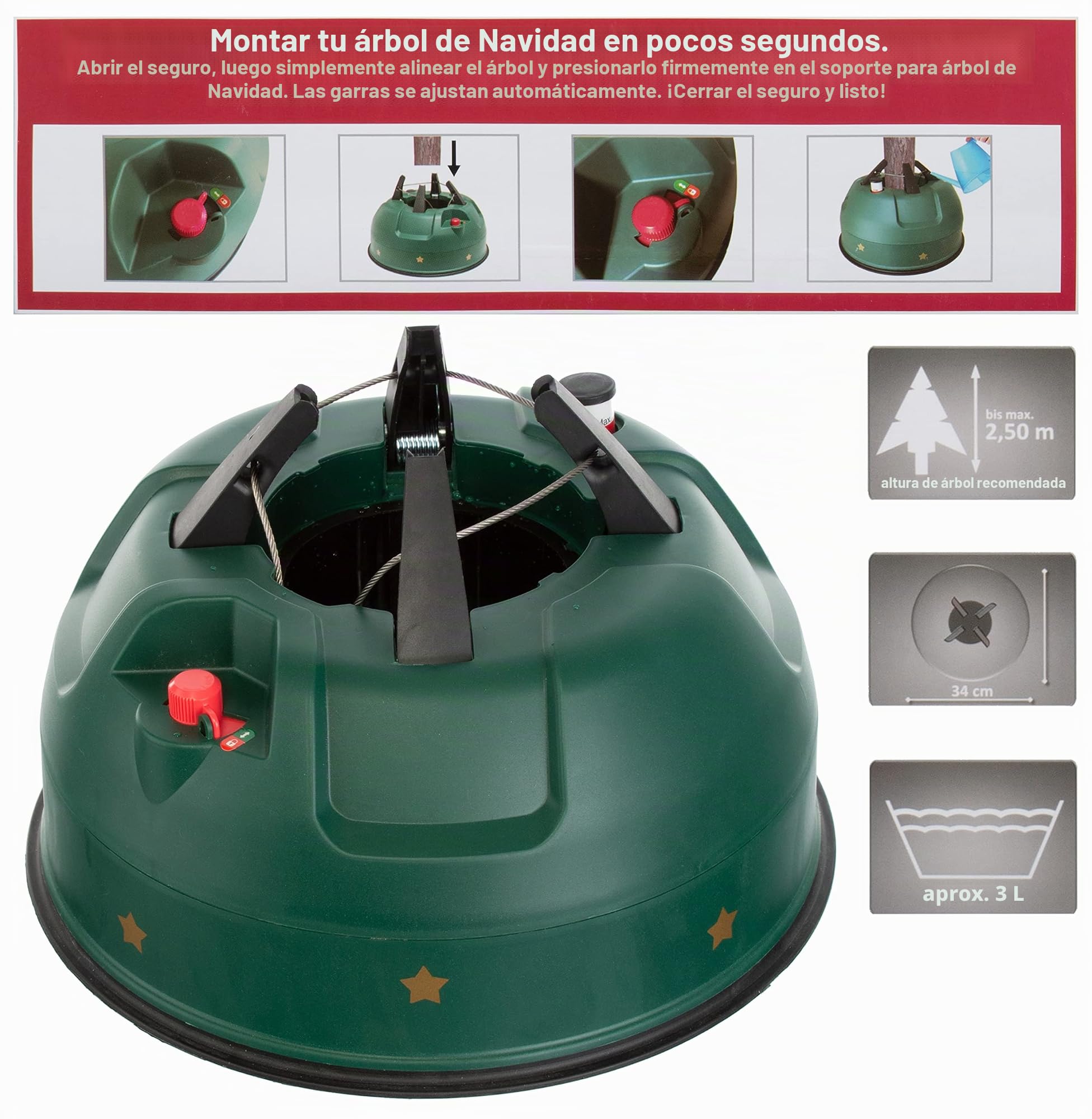 Brandsseller Soporte para árbol de Navidad, soporte para árbol de Navidad, soporte para árbol de Navidad con palanca de pie, técnica de cuerda y seguridad, 34 x 34 cm, 4,2 kg