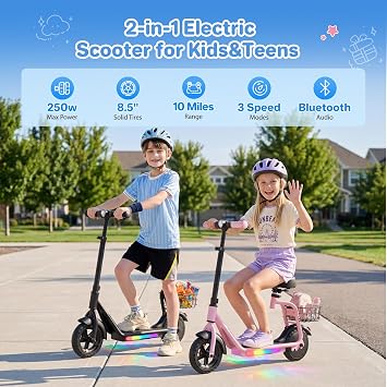 iScooter 2-in-1 Kids Electric Scooter ik7,Up to 12mph&10Miles Range,250W Motor, Headlight & Brake Taillight, Removable Seat&Basket, Smart App Parental Control,Electric Scooter for Kids Ages 10-14