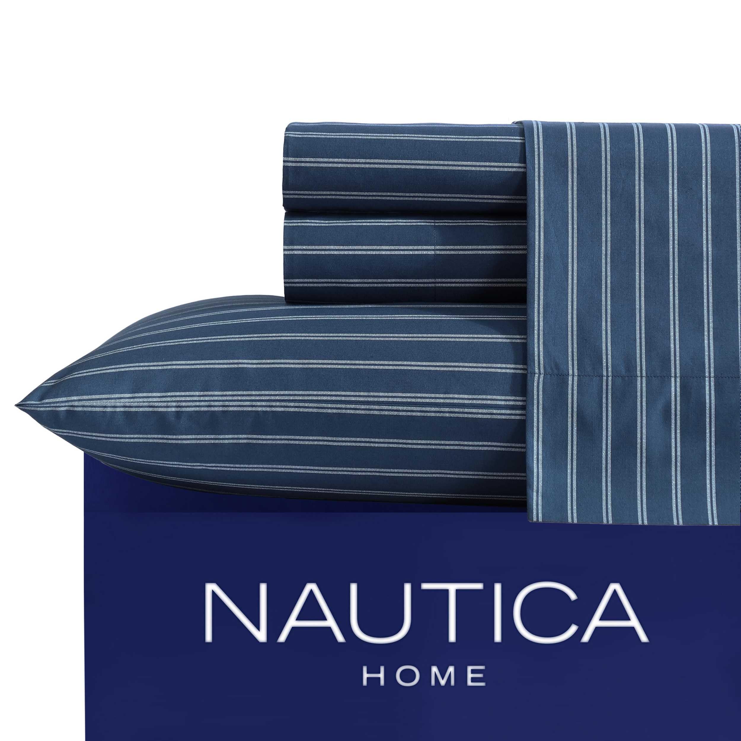 Nautica - Sábanas tamaño Queen, Juego de Ropa de Cama de percal de algodón, decoración del hogar a Rayas, Certificado Oeko-Tex (Richmond Stripe Blue, Queen)