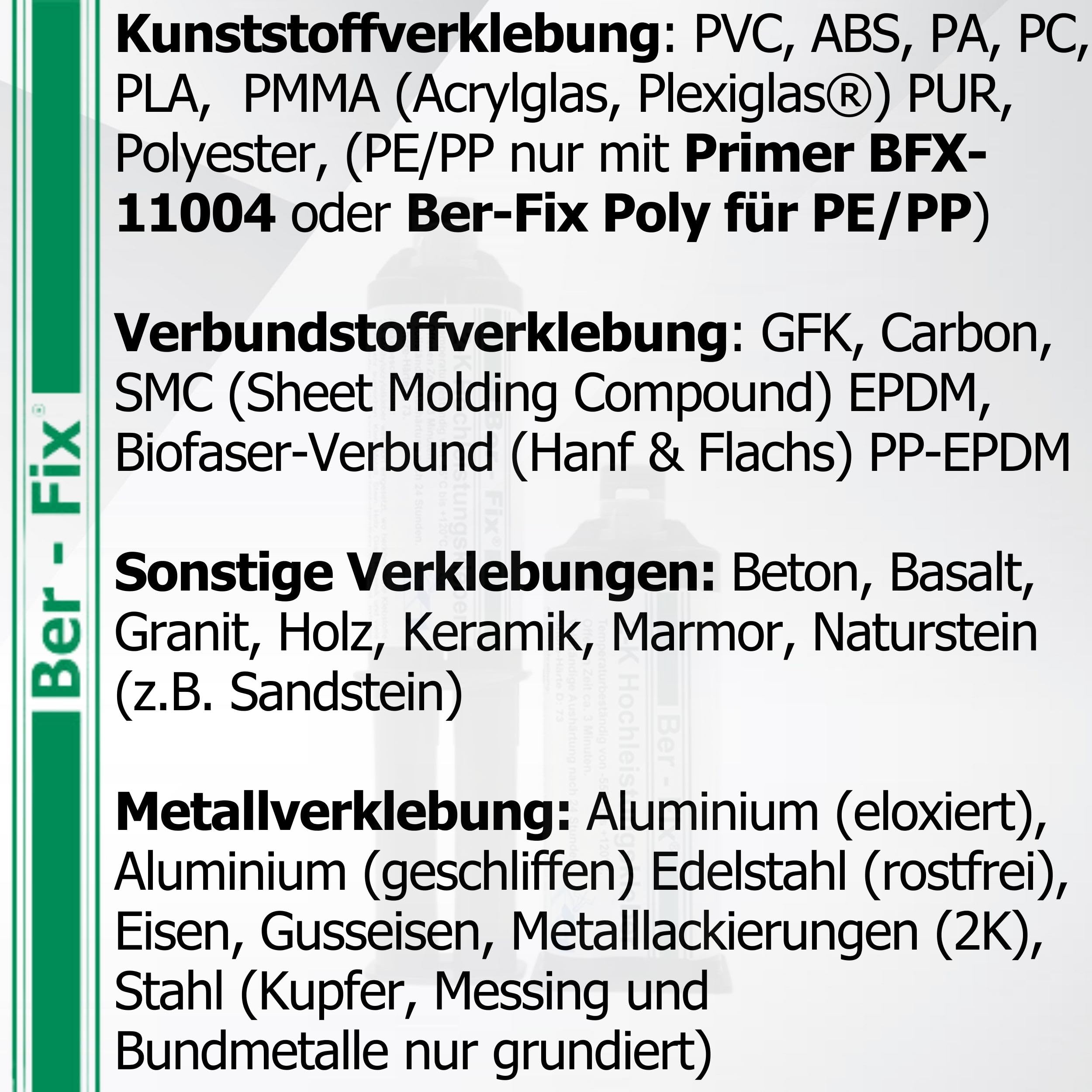 Ber-Fix Hochleistungskleber 2K MMA 30 Min 50g + 11 Düsen + Pistole | Hochleistungskleber 30 Min mit Dosierpistole und Mischdüsen für strukturstarke Reparaturen an Kunststoff