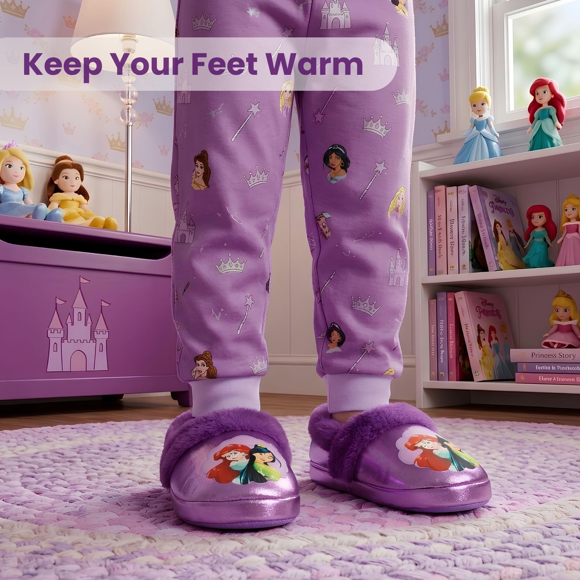 Disney Pantuflas de princesa para niñas, pantuflas mullidas y esponjosas con diseño de sirenita de La Bella y la Bestia (talla 5 – 10 bebés/11-12 niño pequeño)