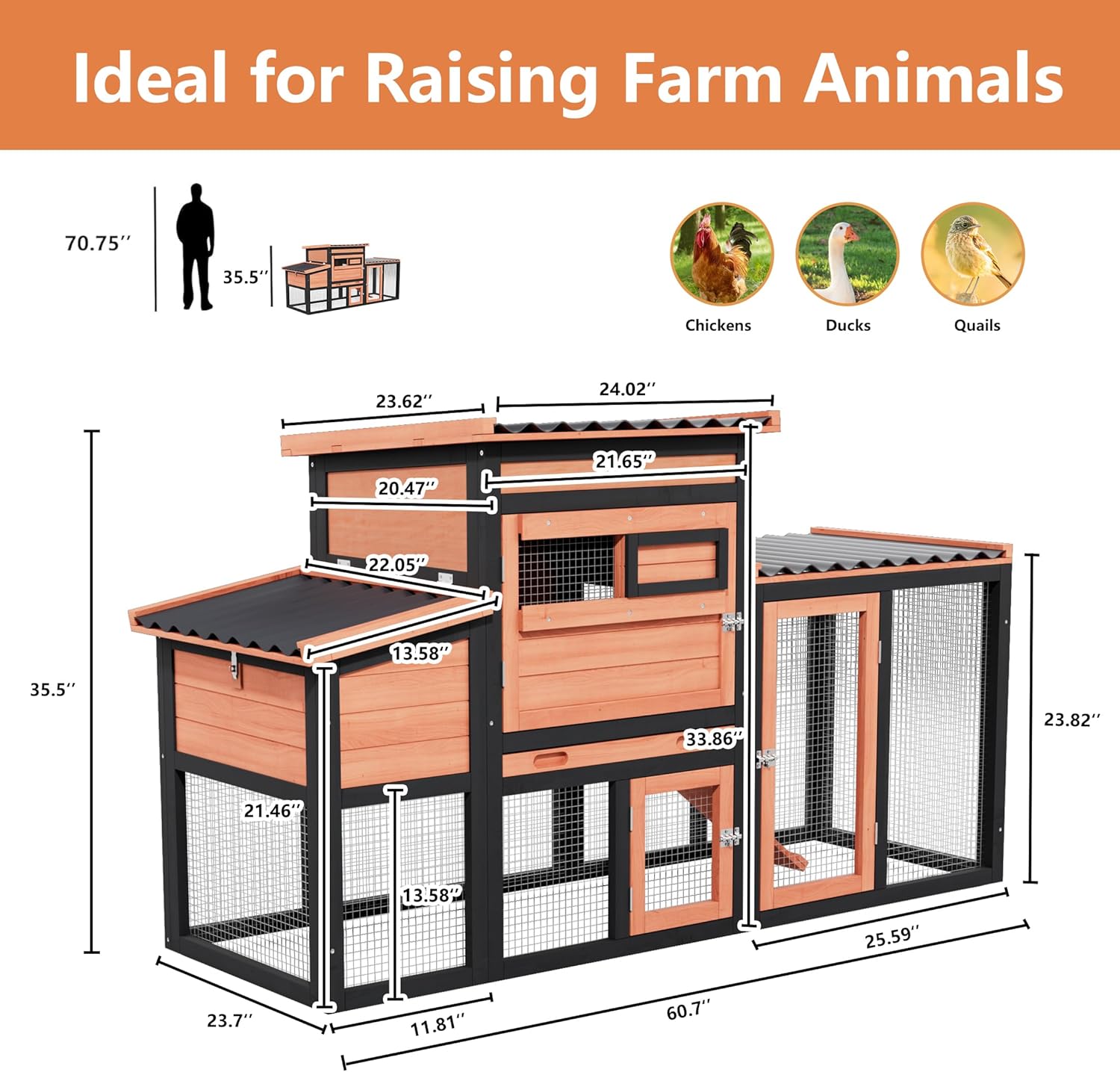 Wooden Chicken Coop with Nesting Boxes and Run, Outdoor Hen House for Chickens, Quail, Pigeons, Rabbits, Backyard Poultry Cage with Waterproof Roof and Pull-Out Tray, Brown