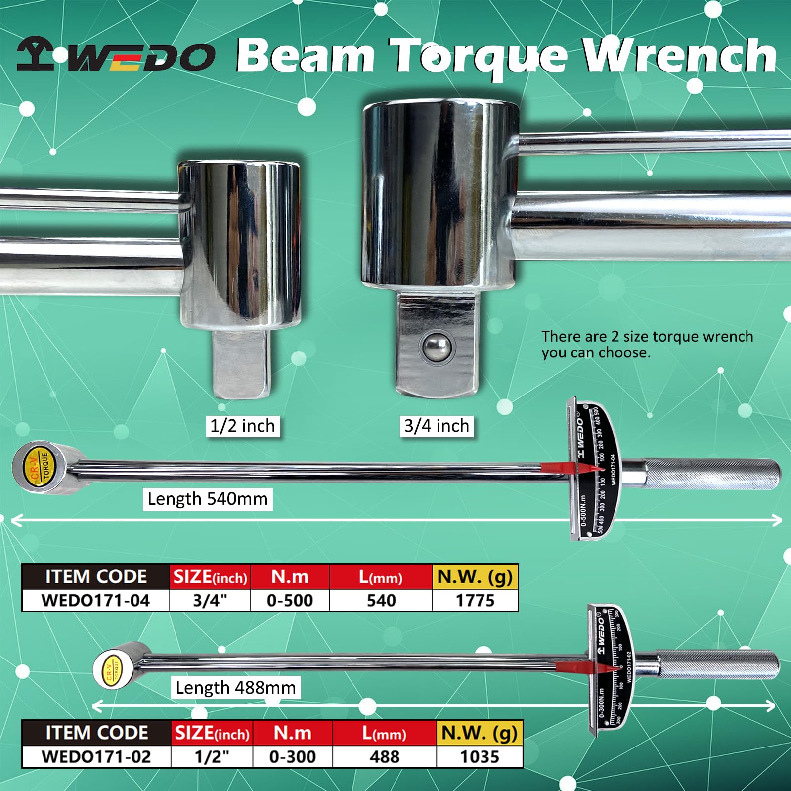 WEDO 3/4" Drive Needle Torque Wrench, 0 to 500 Newton/Meter Torque Wrench, Length 540mm, High Visibility Markings for Easy Readings - Image 2