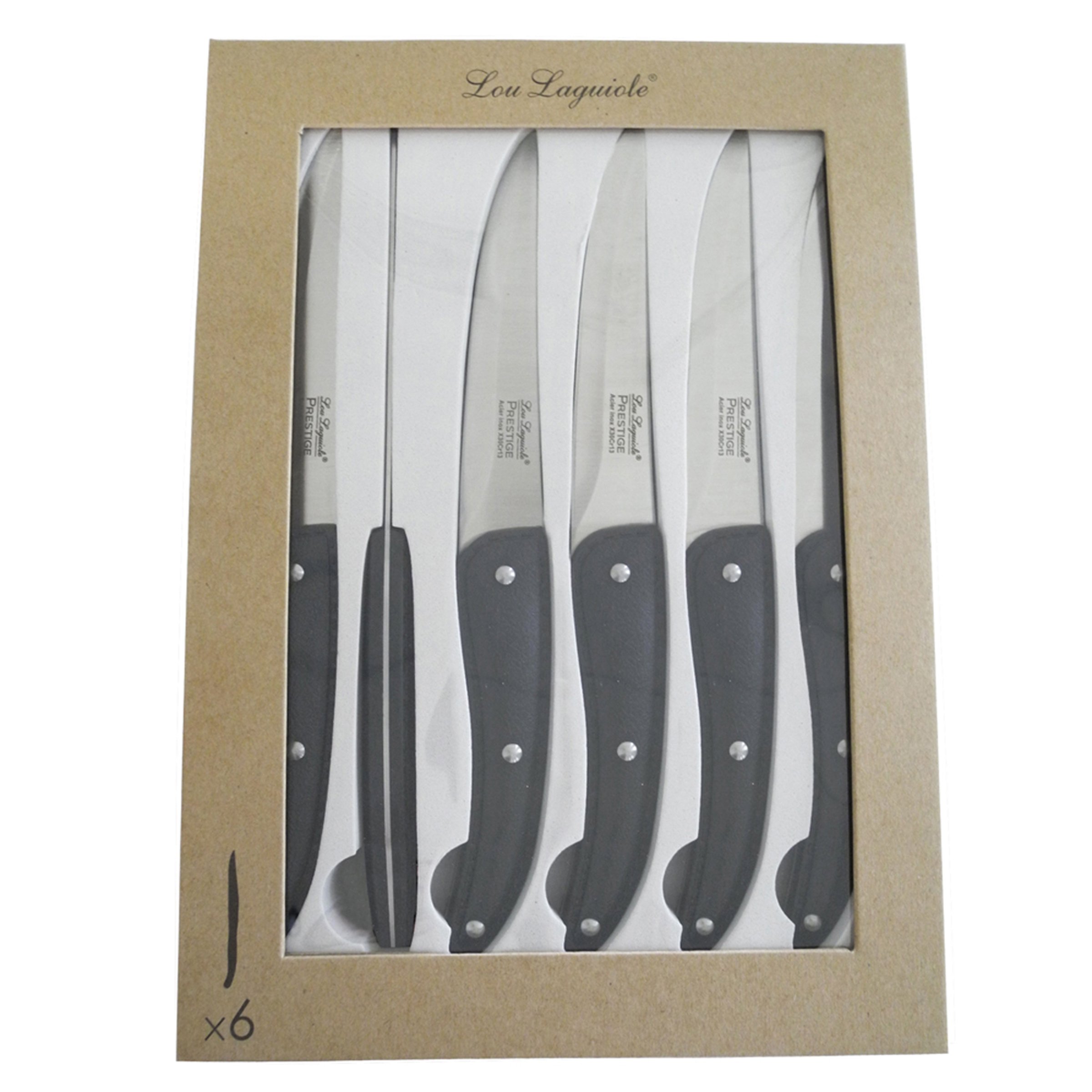 Lou Laguiole - Coffret de 6 couteaux steak avec lame lisse - Prestige - Acier inoxydable 13 C, Finition - Longueur 235 mm - Lame 125 mm - Noir