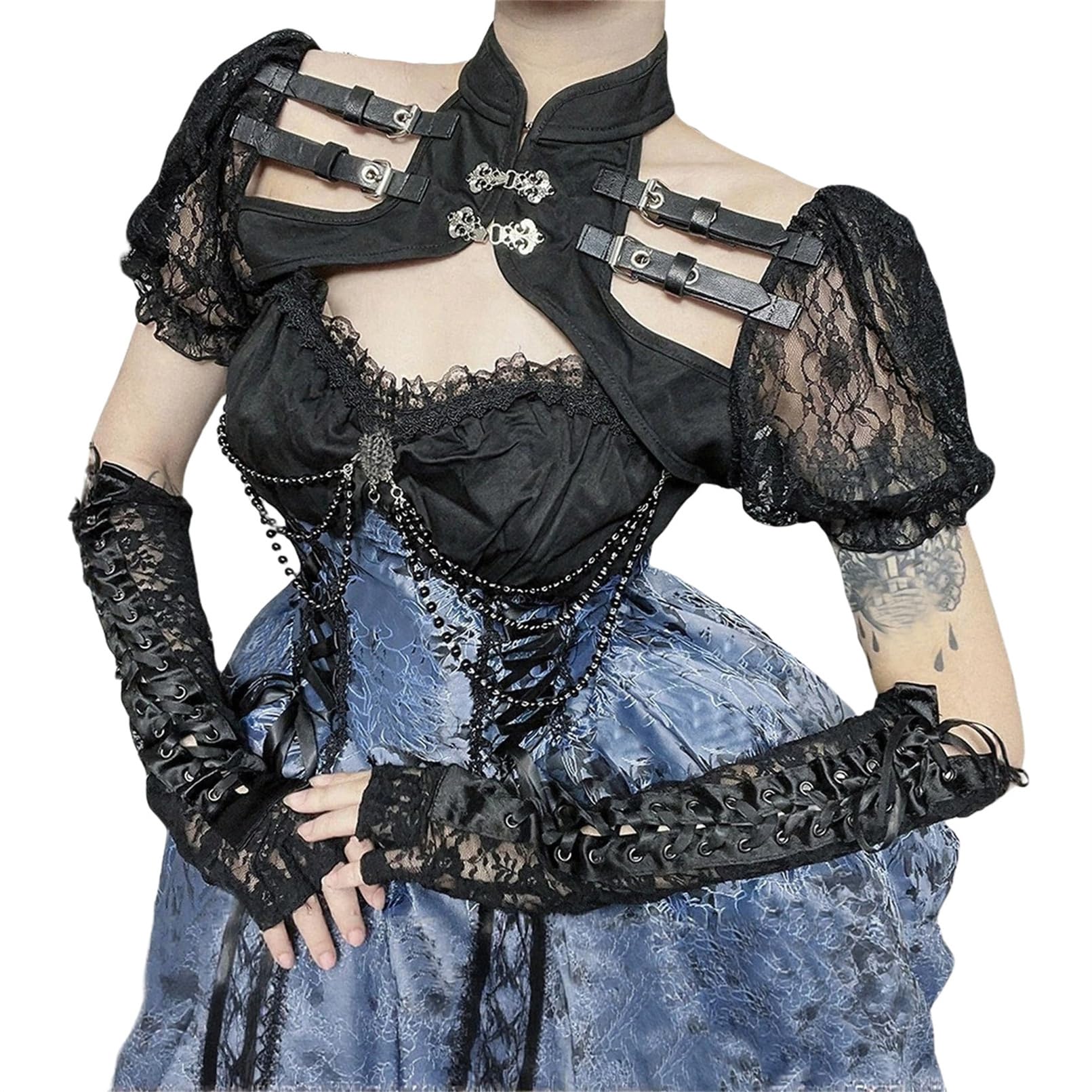 TOMETO STAR Women Punk Grunge Lace Crop Shrug Top - Puff Short Sleeve Mock Neck Sheer Mesh Gothic