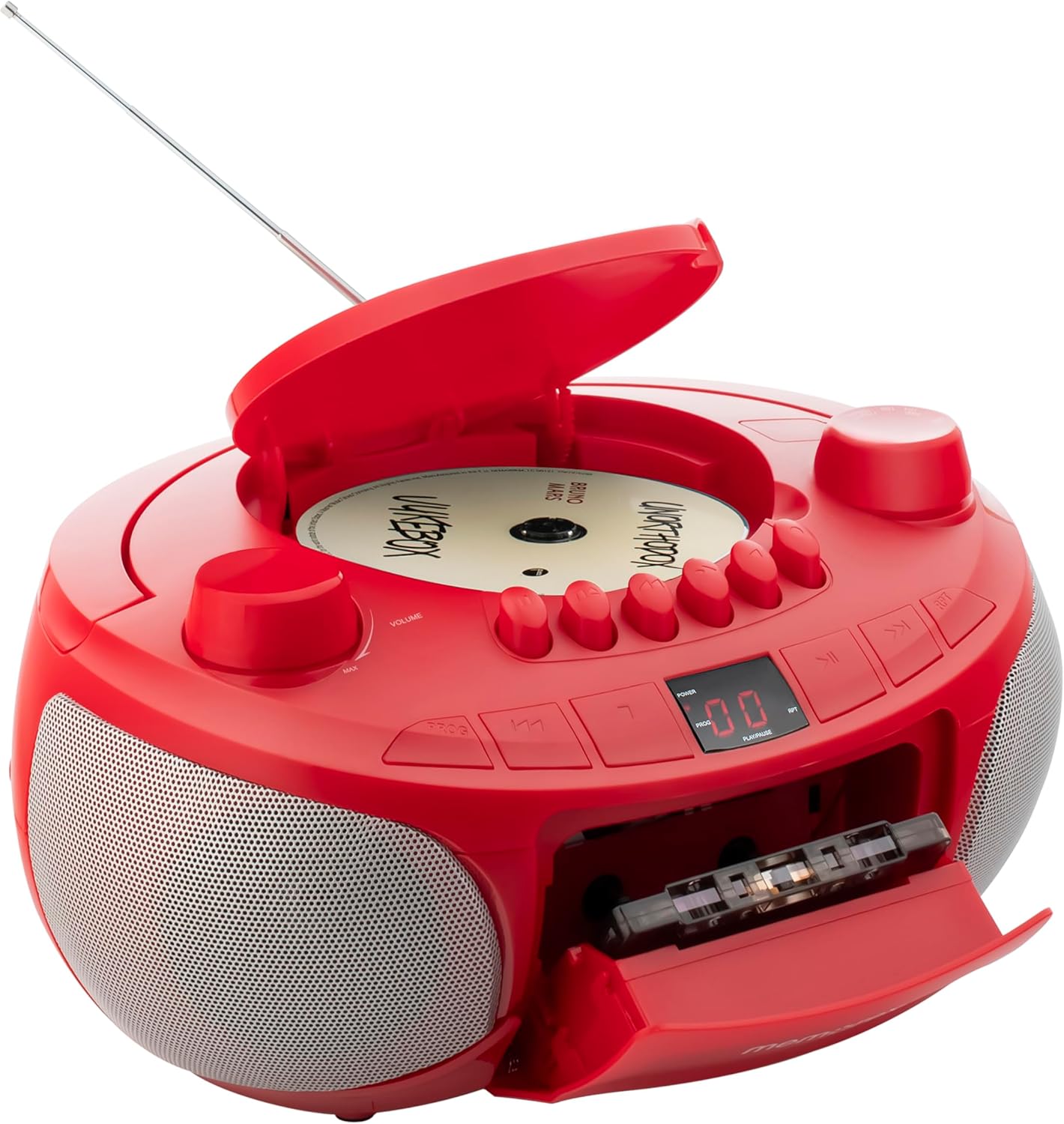 Memorex MX-BCCD50 with top-loading CD compartment and front-loading cassette deck open.