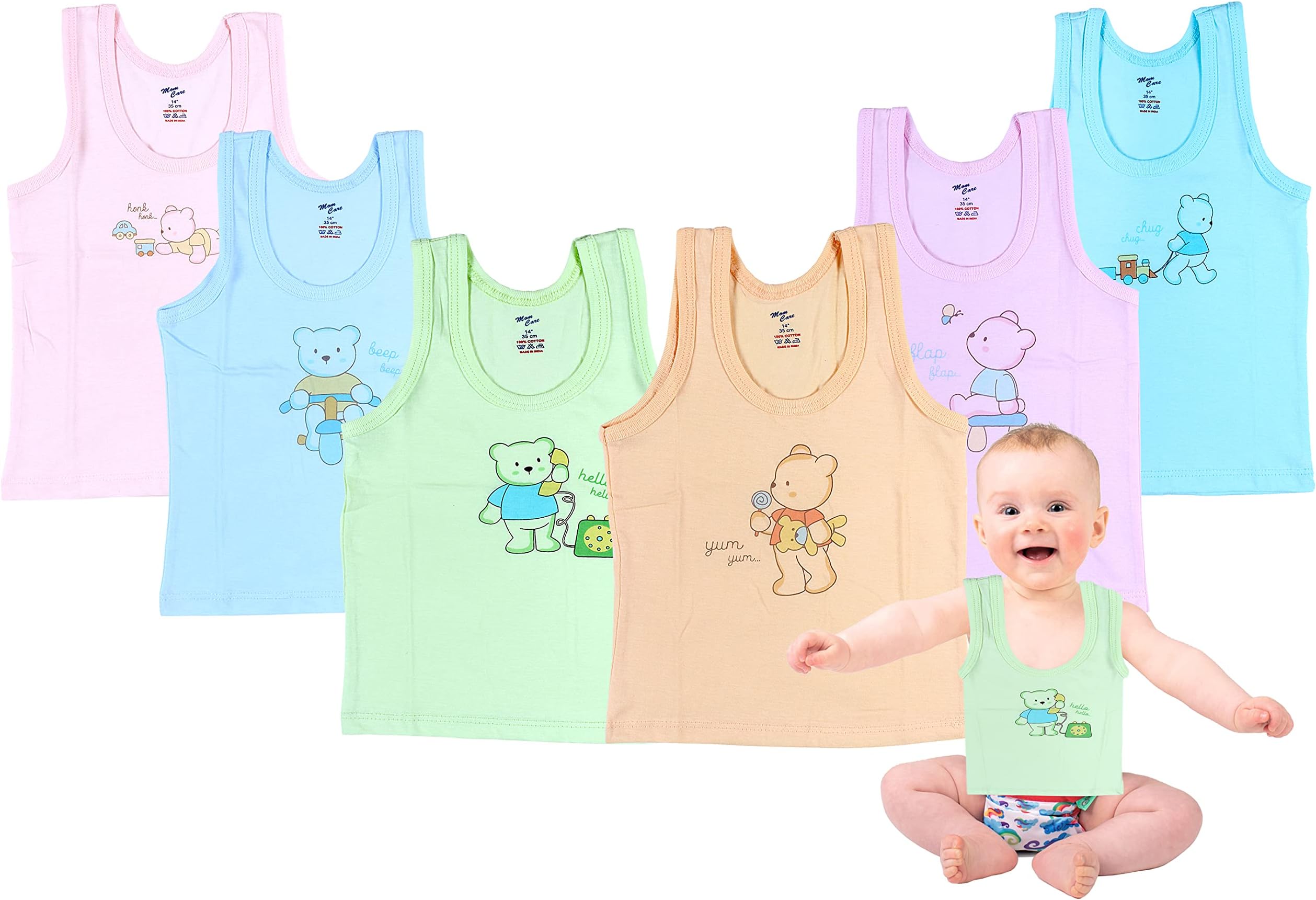 MOM CARE Cotton Newborn Baby Regular Fit Vest Sleeveless Sando Baniyan Pure Hosiery Cotton Printed for Boys and Girls from 3-6 Months (Pack of 6) Multi