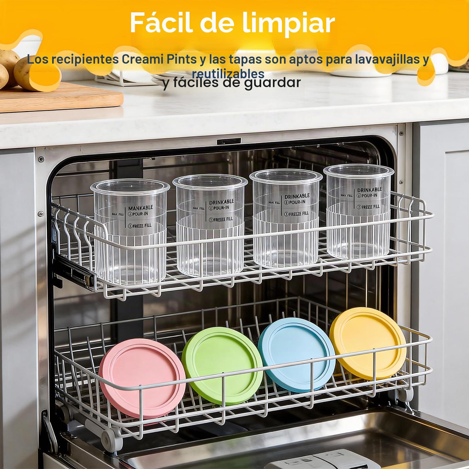 Kssvzz 4 Piezas Ninja Creami Deluxe, Recipiente para Helados con Tapa Reutilizables, Libre de BPA, Apto para Lavavajillas, 24 oz Aptos para Lavavajillas, sin BPA, con Cuchara de Aluminio (NC500)