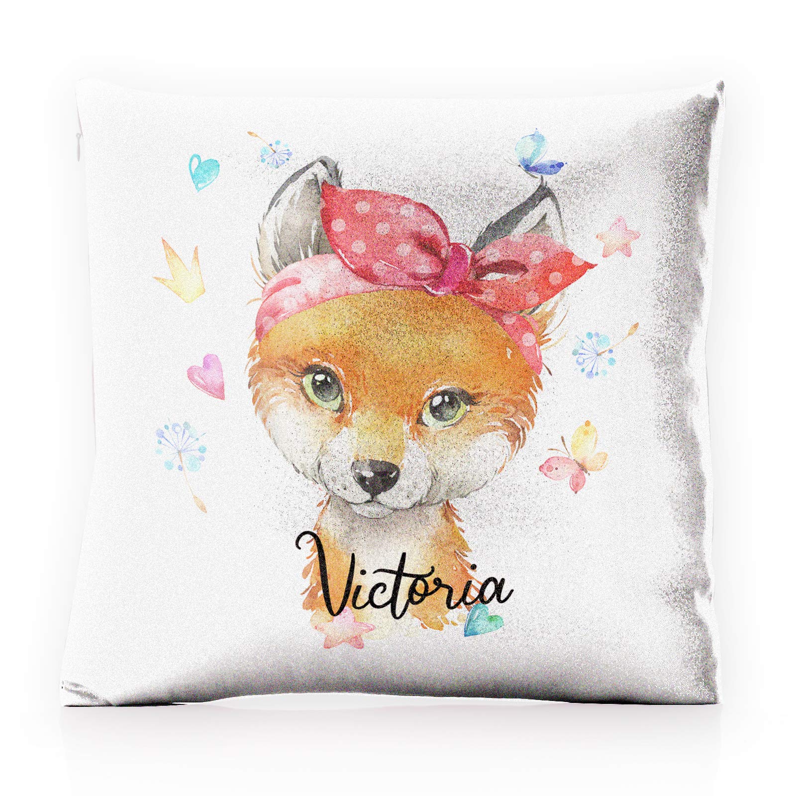 Hairyworm Personalised Cushion Cover with Filling Optional, Pink, Champagne, White Glitter Square Cushion Customised with Initial/Name/Text, Red Fox & Hearts Design โ image 1