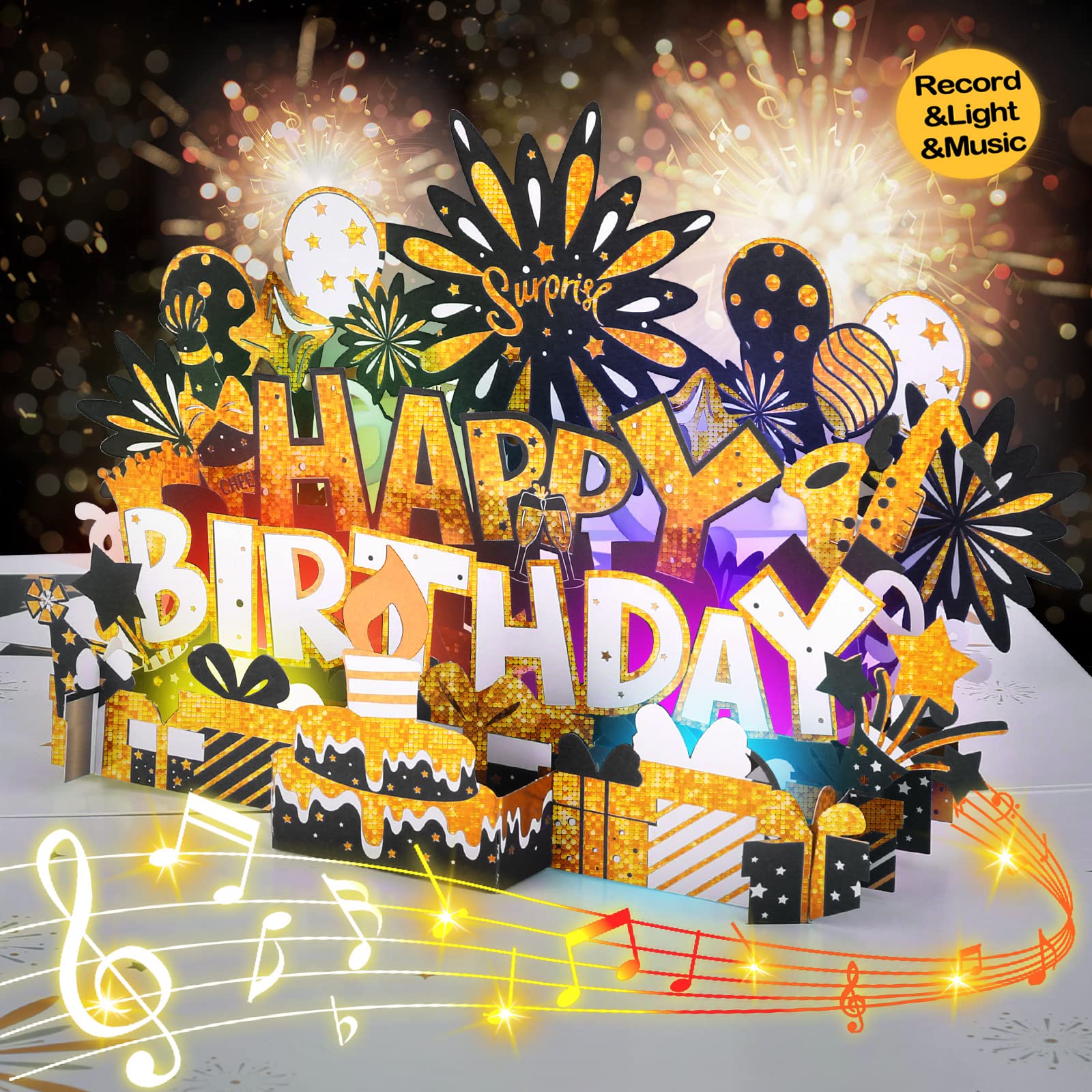 Musical Birthday Cards | Pop Up Birthday Cards w Music, Light & Recording Features | Oversize Birthday Cards for Women Men and Kids | Black Gold (Recordable)