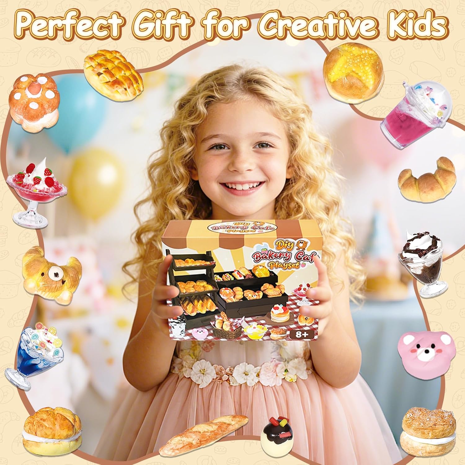 Crelloci Mini Bake Shop DIY Craft Kit, Resin Clay Café Play Set with Counter & Display Rack, Paints, Cream Glue & Molds, Realistic Pretend Bread, Cakes & Drinks, Creative Mini Food Toy for Kids 6+