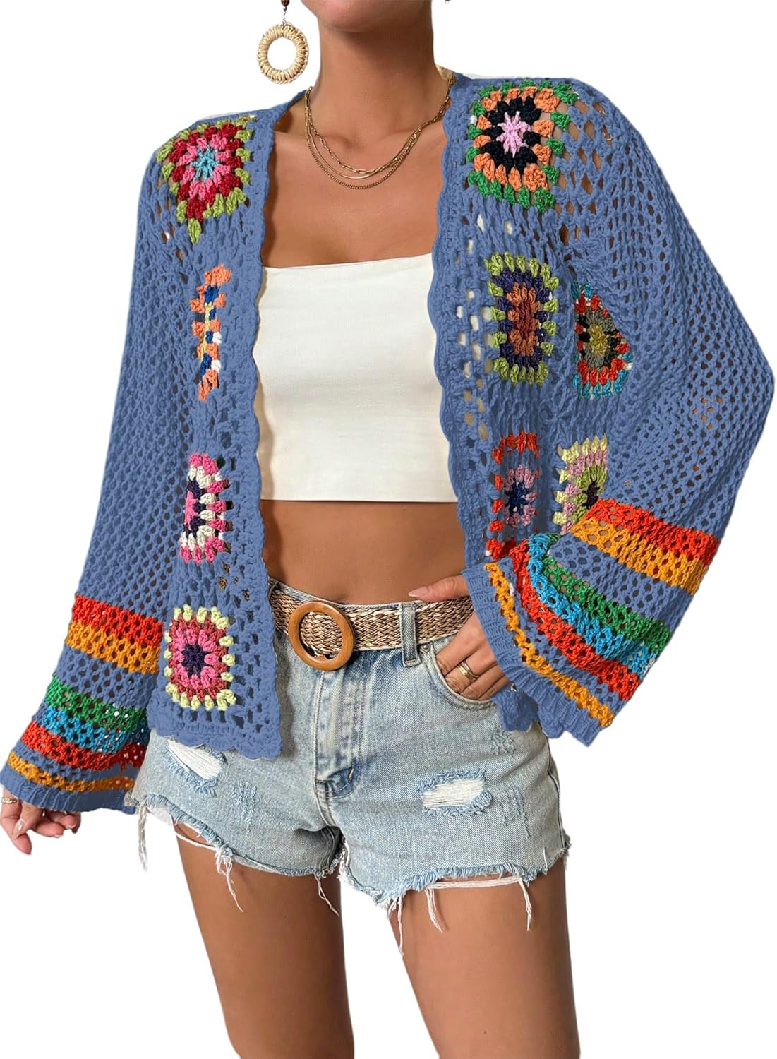 SHENHE Women's Floral Crochet Cardigan Hollow Out Open Front Long Sleeve Cardigan Sweater