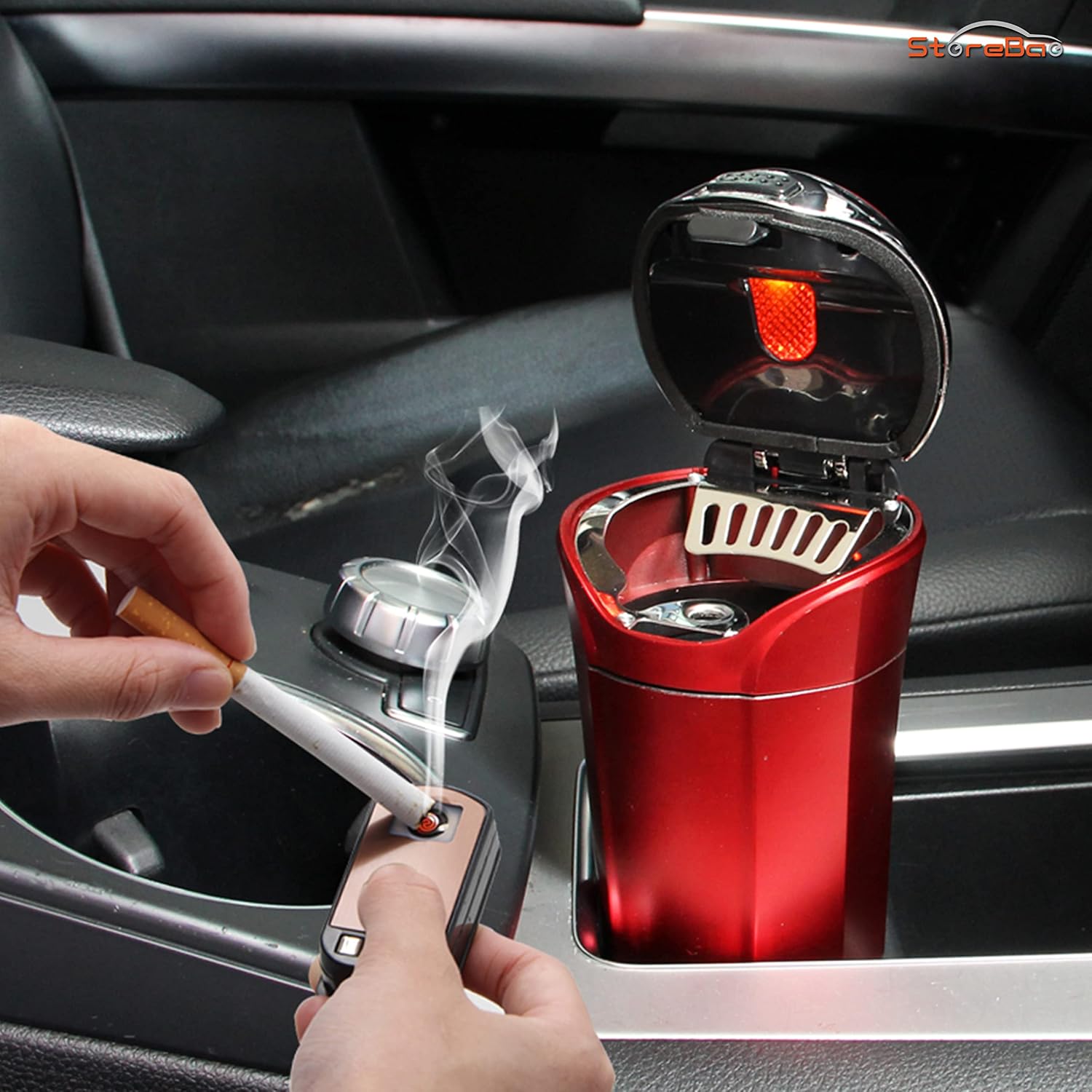 Car Ashtray with Solar Powered Lighter and LED Light, No Charging, Detachable and Portable (Black)