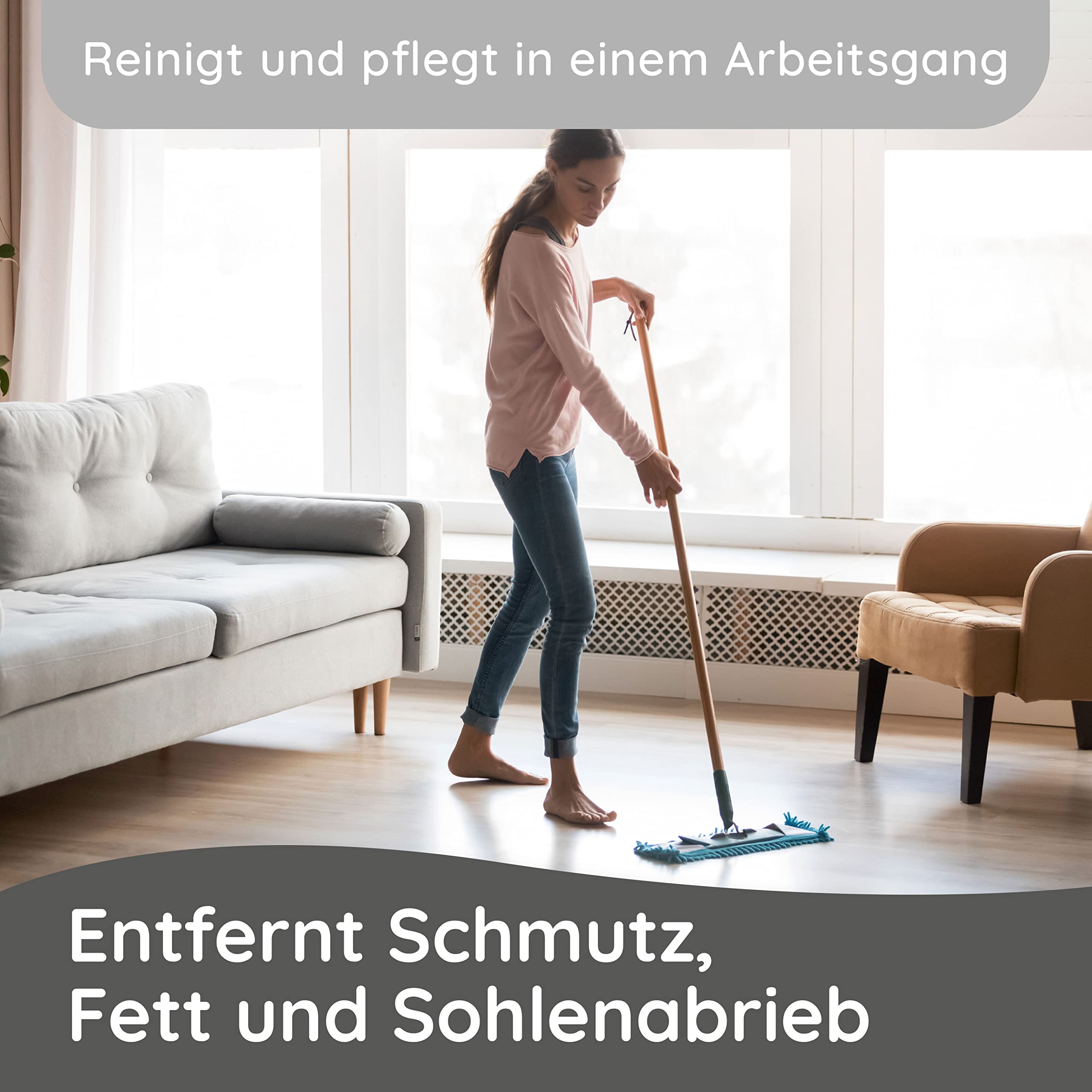 Laminatreiniger und Vinylboden Reiniger (5,0l) - reinigt und pflegt mit 2-in-1 Funktion - der Reiniger der Profis auch anwendbar als PVC Reiniger, PU Reiniger und Linoleum Reiniger
