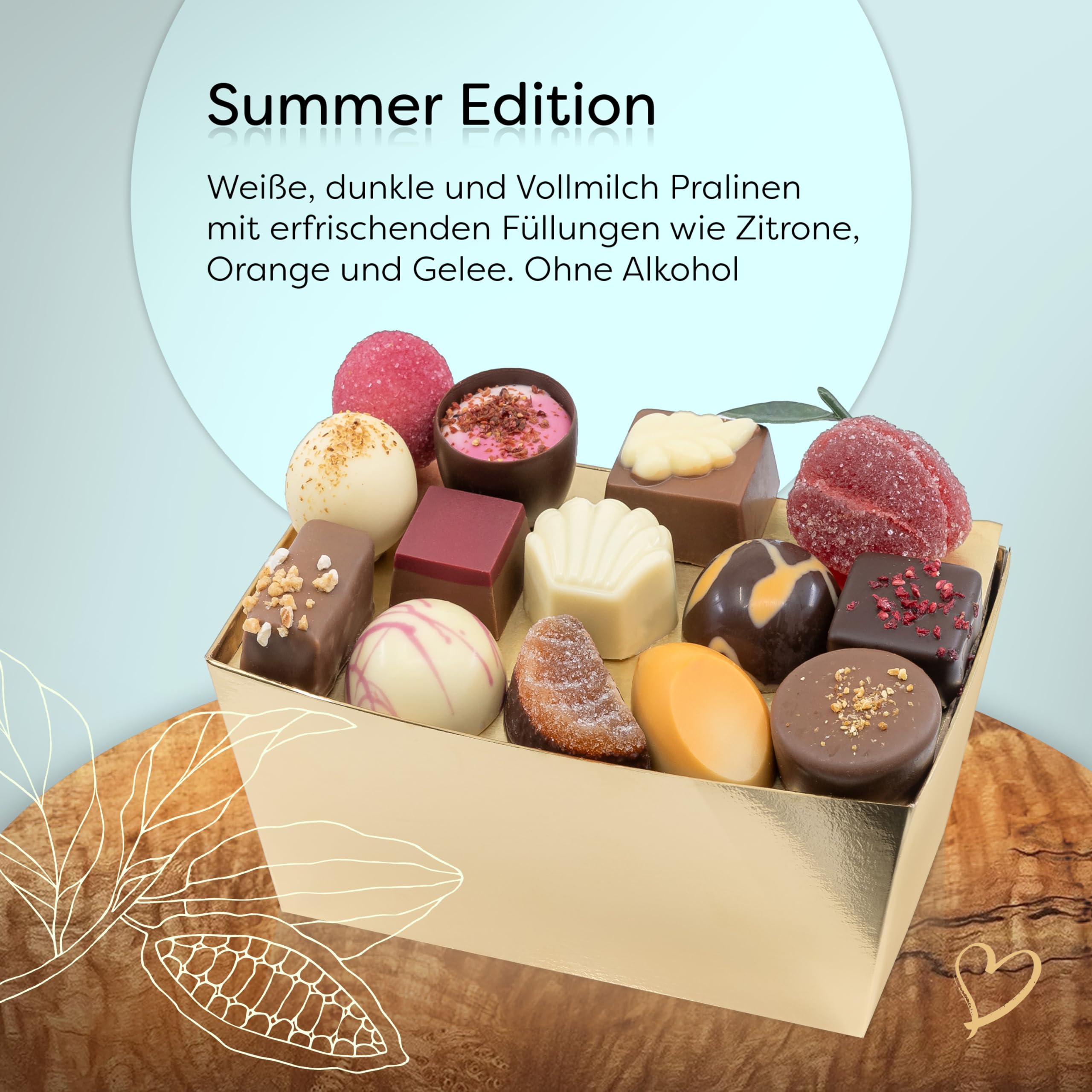 ePralinchen handverarbeitete belgische Luxus-Pralinen | Summer Edition 500g | sommerliche Pralinenmischung mit Frucht, Karamell, Gelee uvm. | ohne Alkohol | köstliche Schokolade made in Belgium