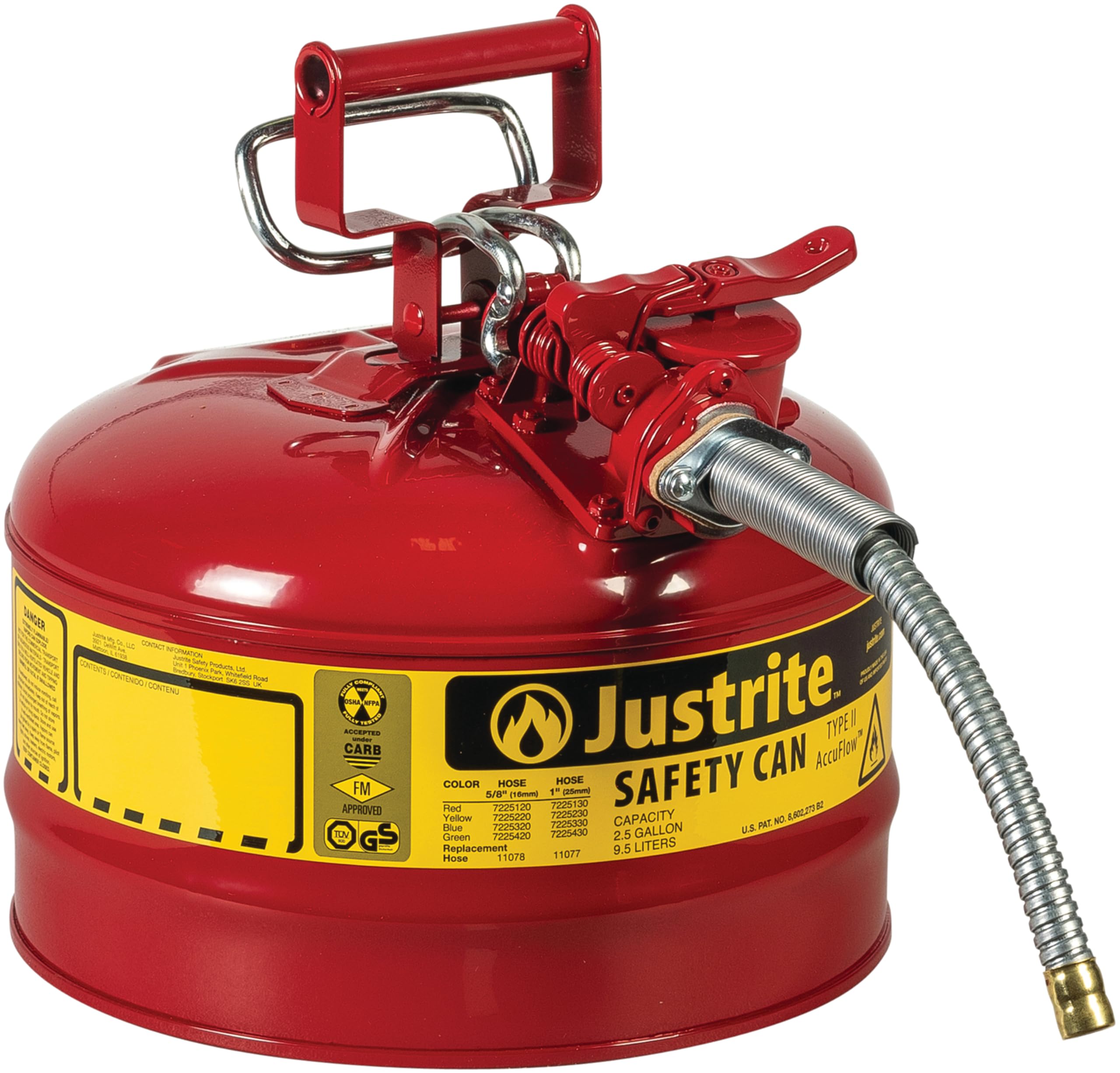 Justrite 7225120 AccuFlow 2.5 Gallon, 11.75" OD x 12" H Galvanized Steel Type II Red Safety Can With 5/8" Flexible Spout