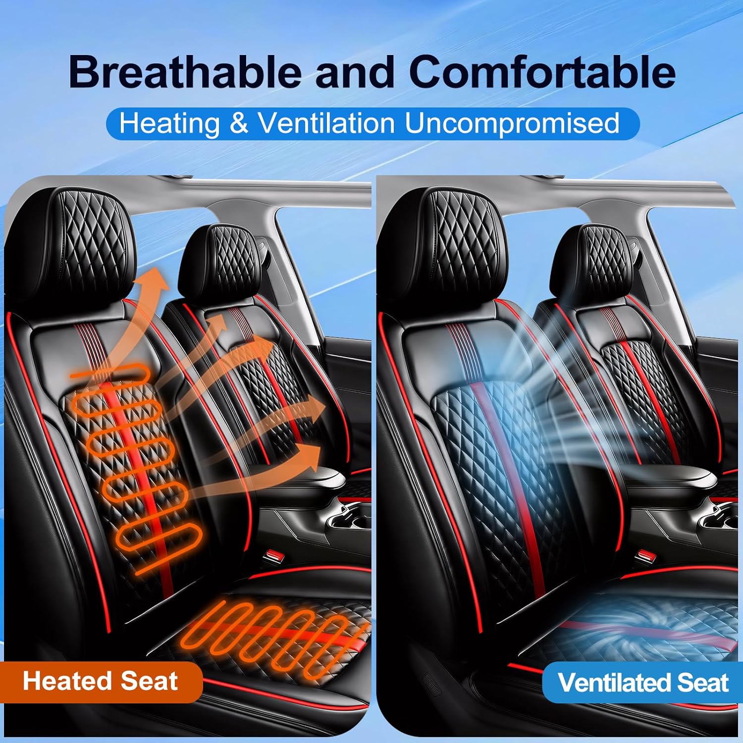 Fit Frontier Car Seat Covers for Select Nissan Frontier 2009-2025 2026 Crew Cab - Full Coverage Leather, Waterproof & All Weather Seat Cushion Protector, Full Set, Black with Red Trim