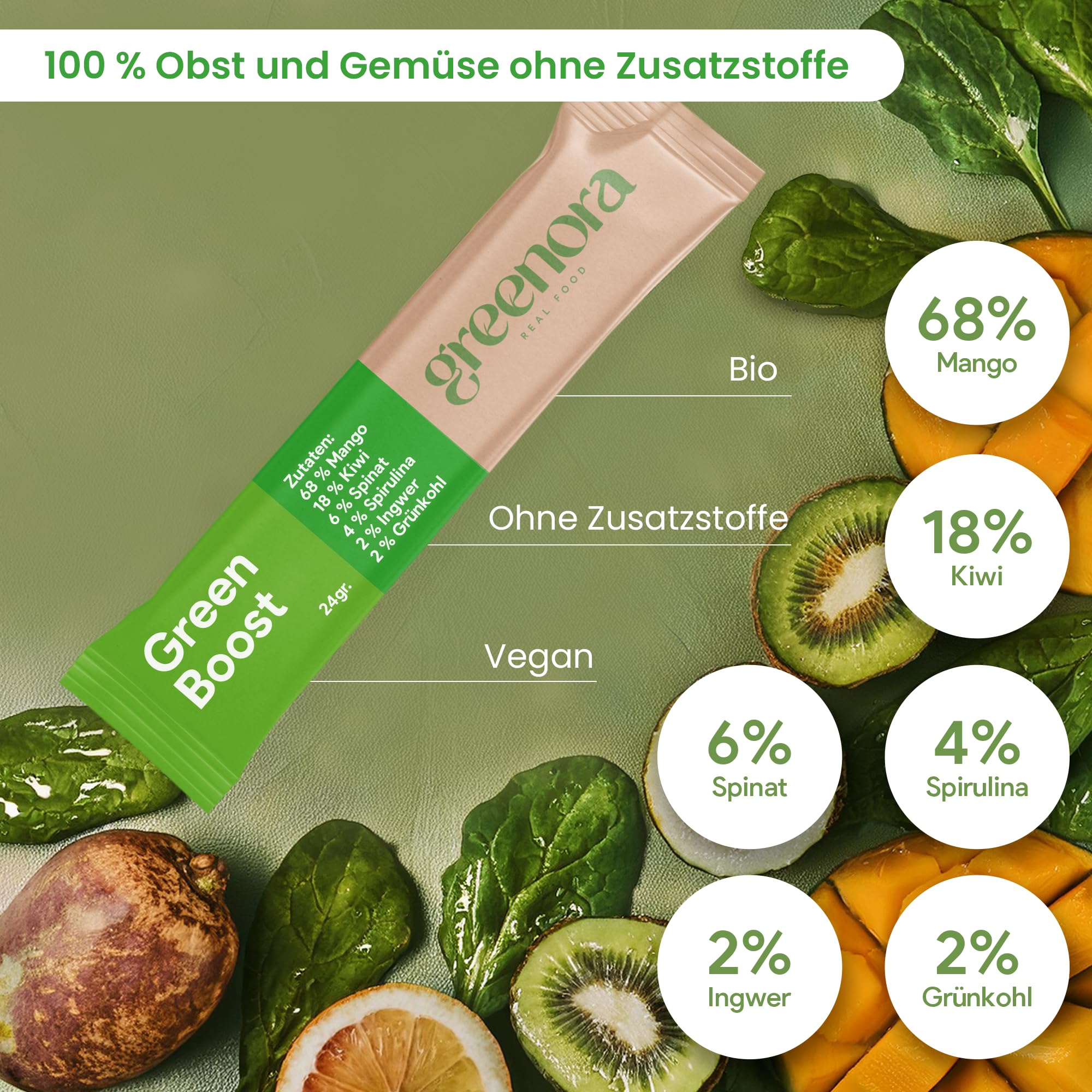 GREENORA Veganer Smoothie Gefriergetrocknetes Fruchtpulver 100% Natürlich BIO. Dehydriert. Erdbeere Apfel Ingwer Mango Rote Bete Spirulina. Ohne Zuckerzusatz 9x24g