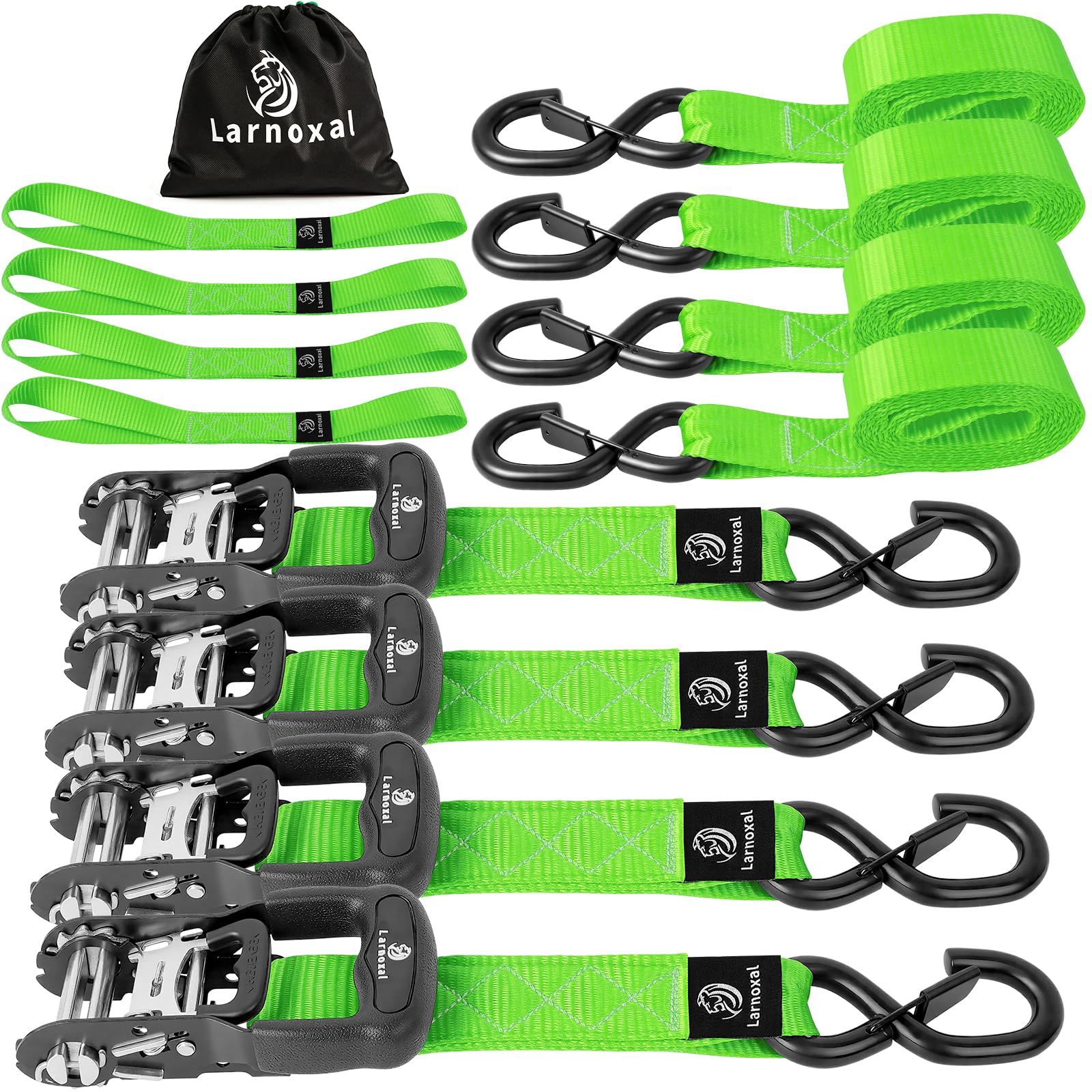 Cinghie a cricchetto retrattili, confezione da 4, resistenza alla rottura di 2,4 kg, 3,8 cm x 2,4 m, resistenti, con gancio a S, set di cinghie per camion, furgoni, rimorchi, moto (verde)