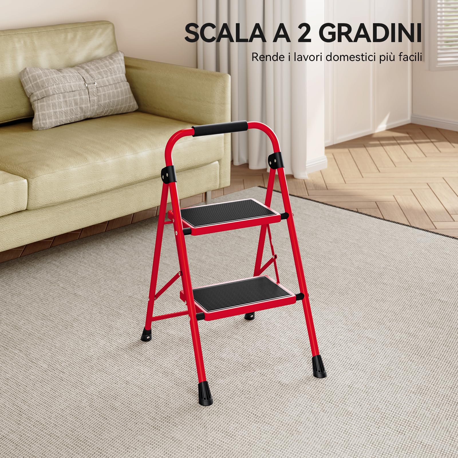 KINGRACK Scala a 2 gradini, scala pieghevole con pedale antiscivolo e largo, scala piccola con maniglia, in acciaio robusta, leggera e portatile, rossa