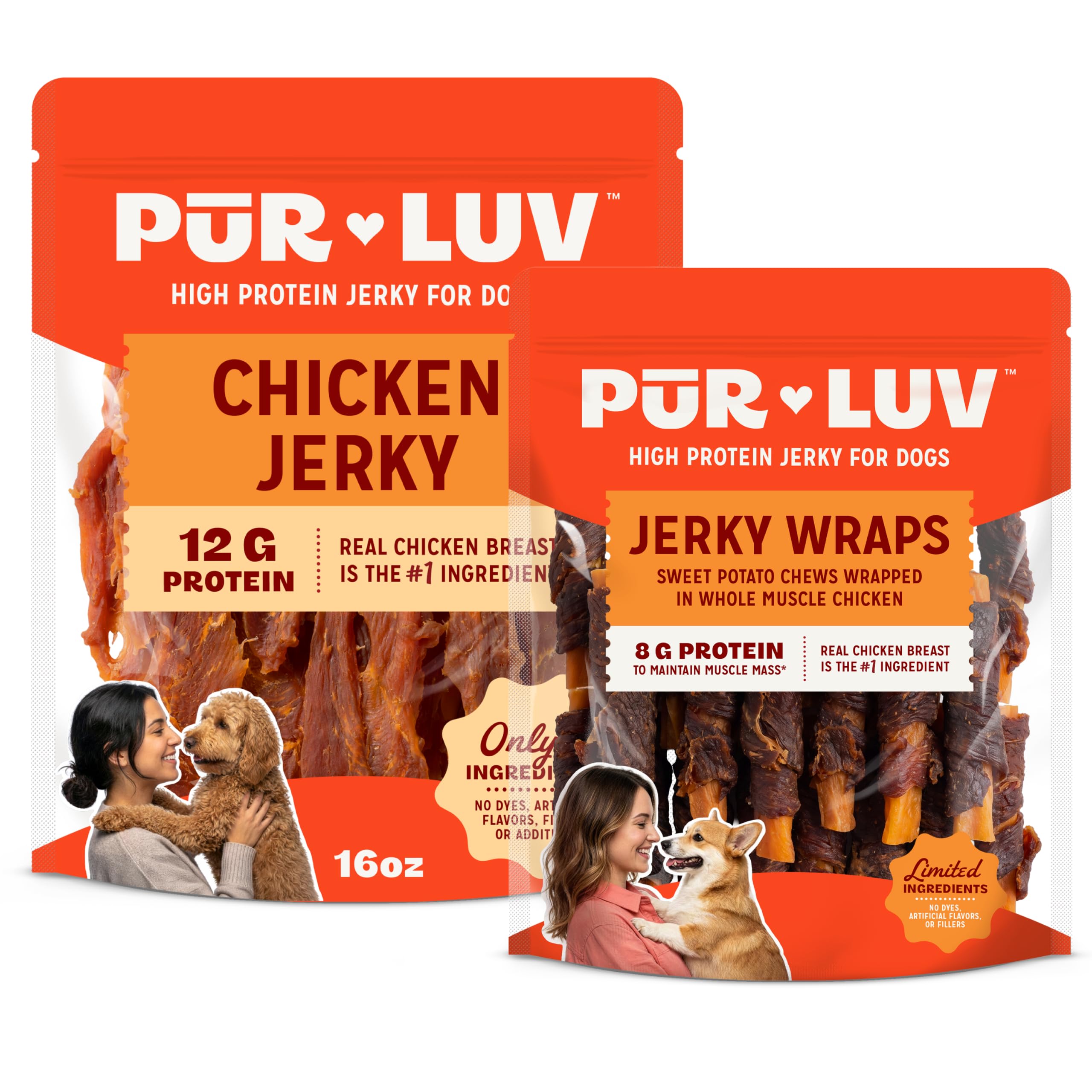 Pur Luv Dog Jerky Treat Bundle, Dog Chicken Jerky + Sweet Potato Jerky Wraps, Made with Real Chicken, 16 Ounces, Rawhide Free, Healthy, Easily Digestible, Long Lasting, High Protein Dog Treat