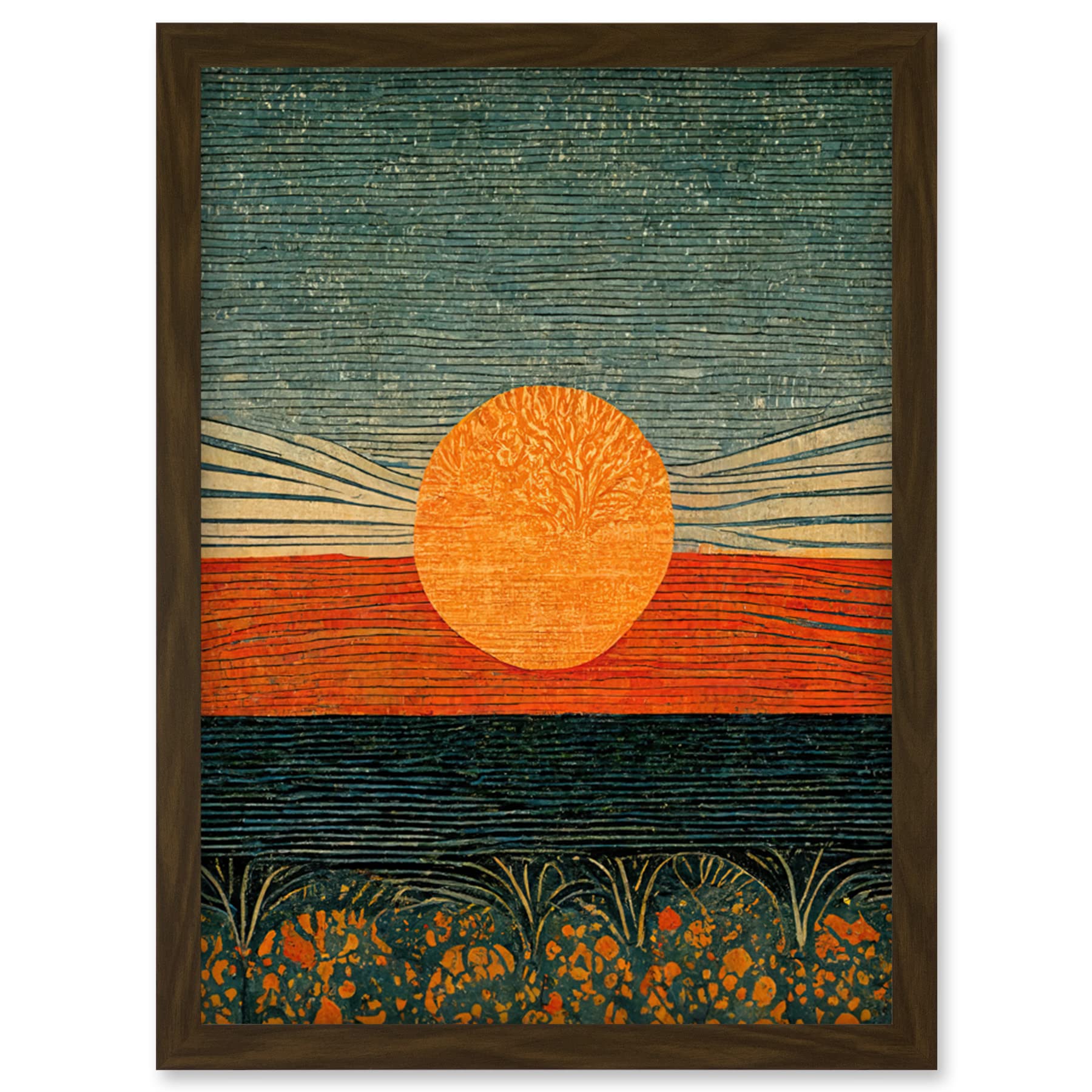 Doppelganger33 LTD William Morris Style Sunrise Over Sea Abstract Artwork Framed Wall Art Print A4
