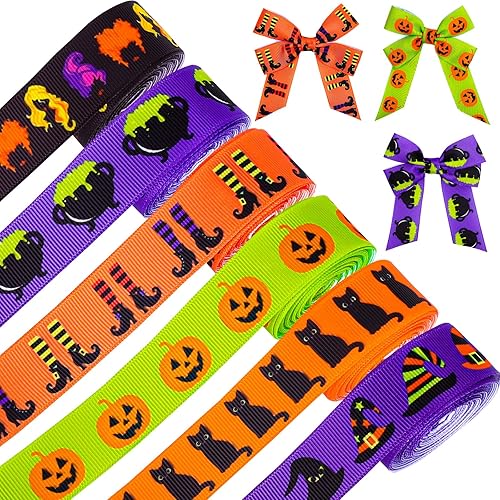 AnyDesign 6 rollos de cinta de grogrén de Halloween, Hocus Pocus, cinta de envoltura de regalo, patas de bruja, sombreros, calabazas, maceta mágica,