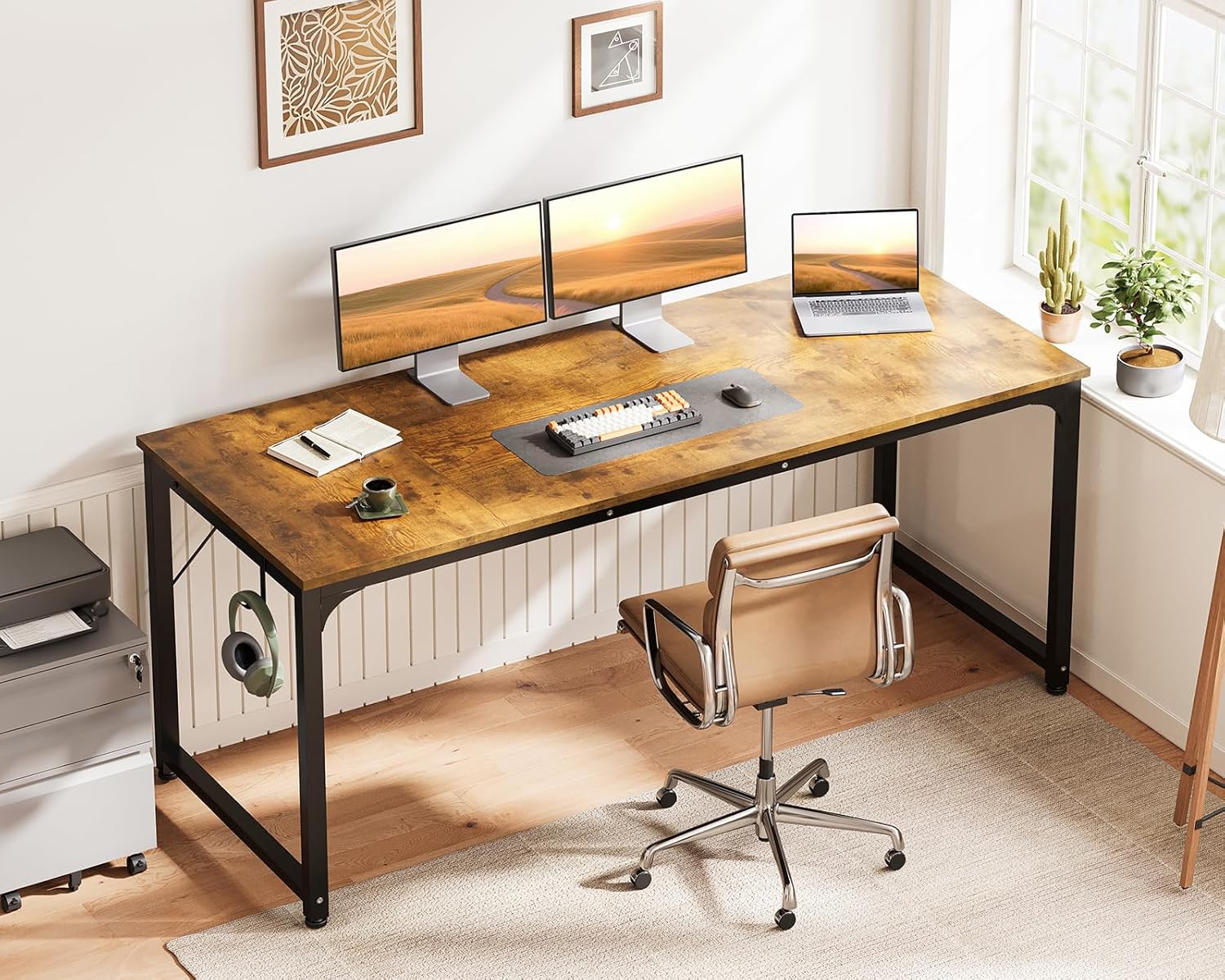 Casaottima 63 Inches Small Computer Desk, Work Study Table for Home Office, Kids Student Writing Desk with Headphone Hooks, Rustic Brown