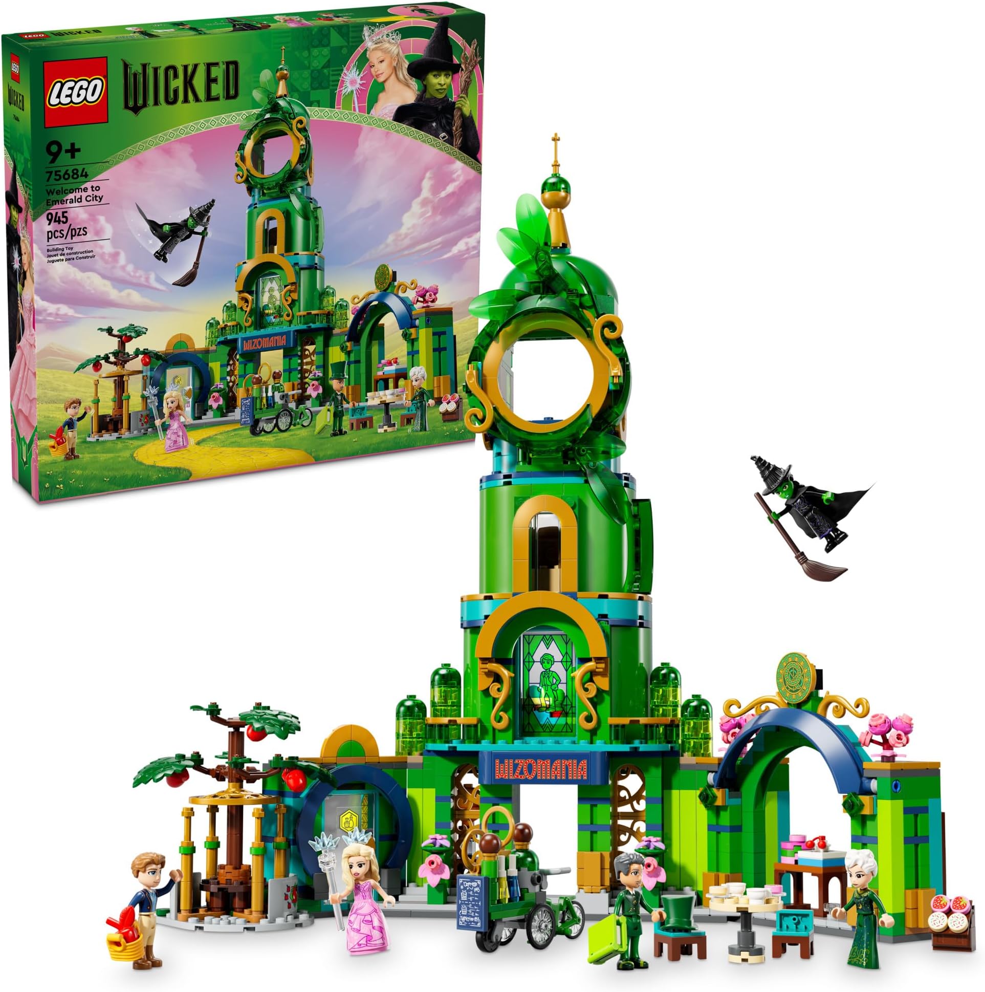 Wicked Welcome to Emerald City Building Toy - Wicked Toy for Kids, Ages 9+ - Gift for Girls and Boys with Tower Model, Glinda, & Elphaba Minidolls - 75684