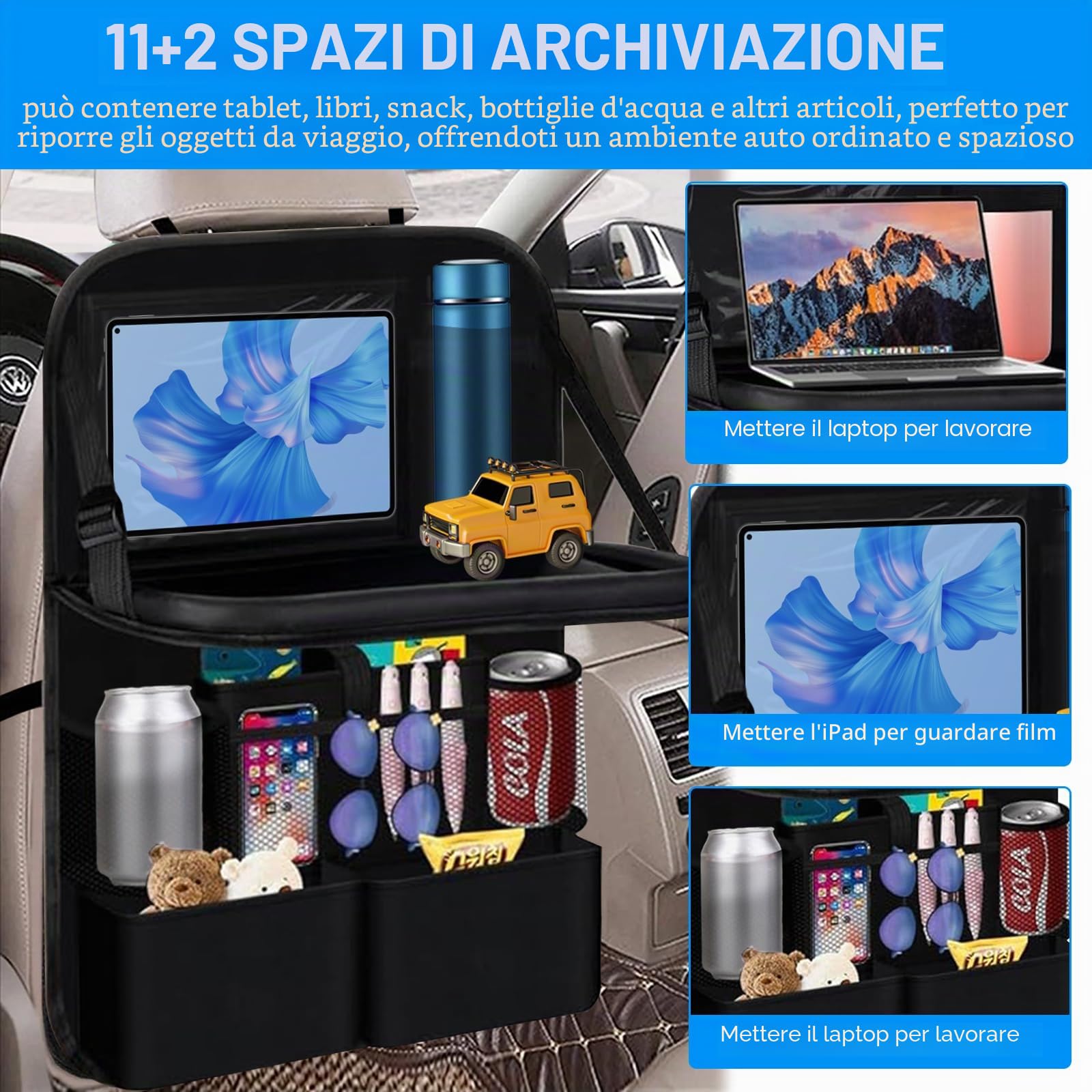 2 Pezzi Organizer Auto per Protezione Sedile Autos Bambini e Copri Sedile Auto Bambini, Con Tavolo Pieghevole, Multifunzione Impermeabile e Numerose Tasche, Protezione per il Sediles Posteriore