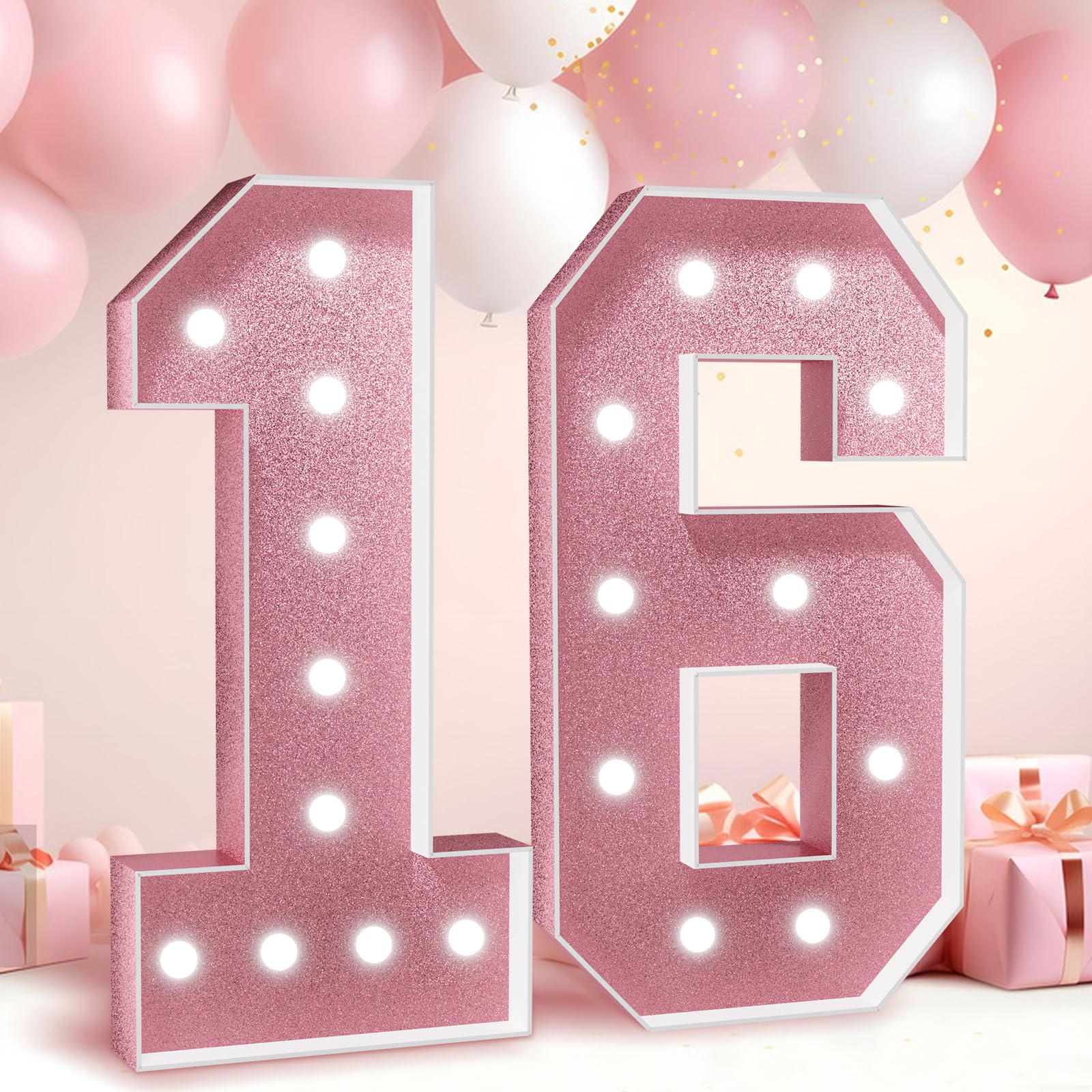 Marquee Numbers Rose Gold 16th-Birthday Decoration: 4FT Large Light Up Sweet 16 Year Old Birthday Anniversary Backdrop for Boys Girls Cardboard White Sign Mosaic Balloon Frame Pink