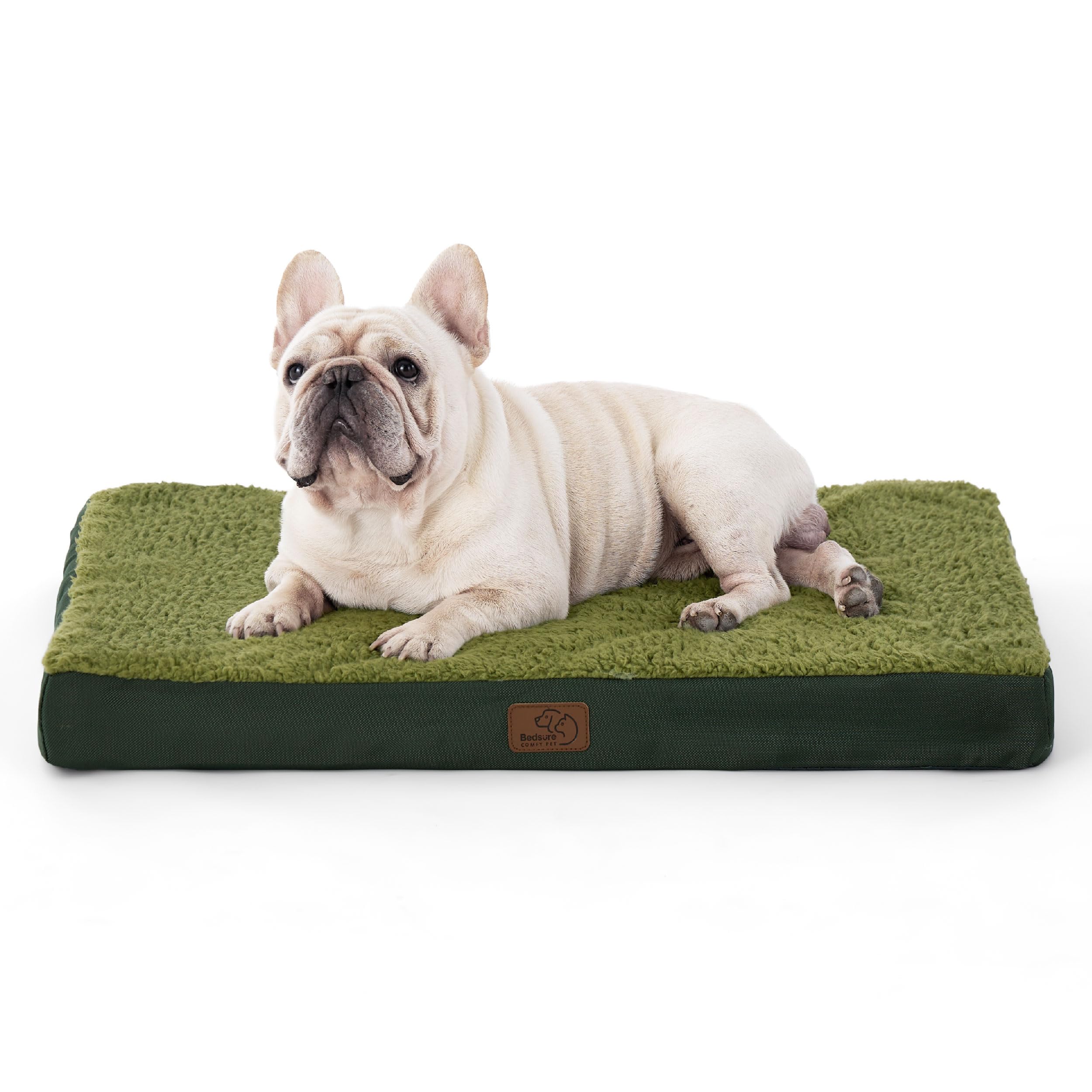 Bedsure Medium Dog Bed Washable - Orthopedic Dog Pillow and Mattress Mat for Dog Crate with Removable Plush Sherpa Cover, Dark Green, 76x51x7.6cm — image 1