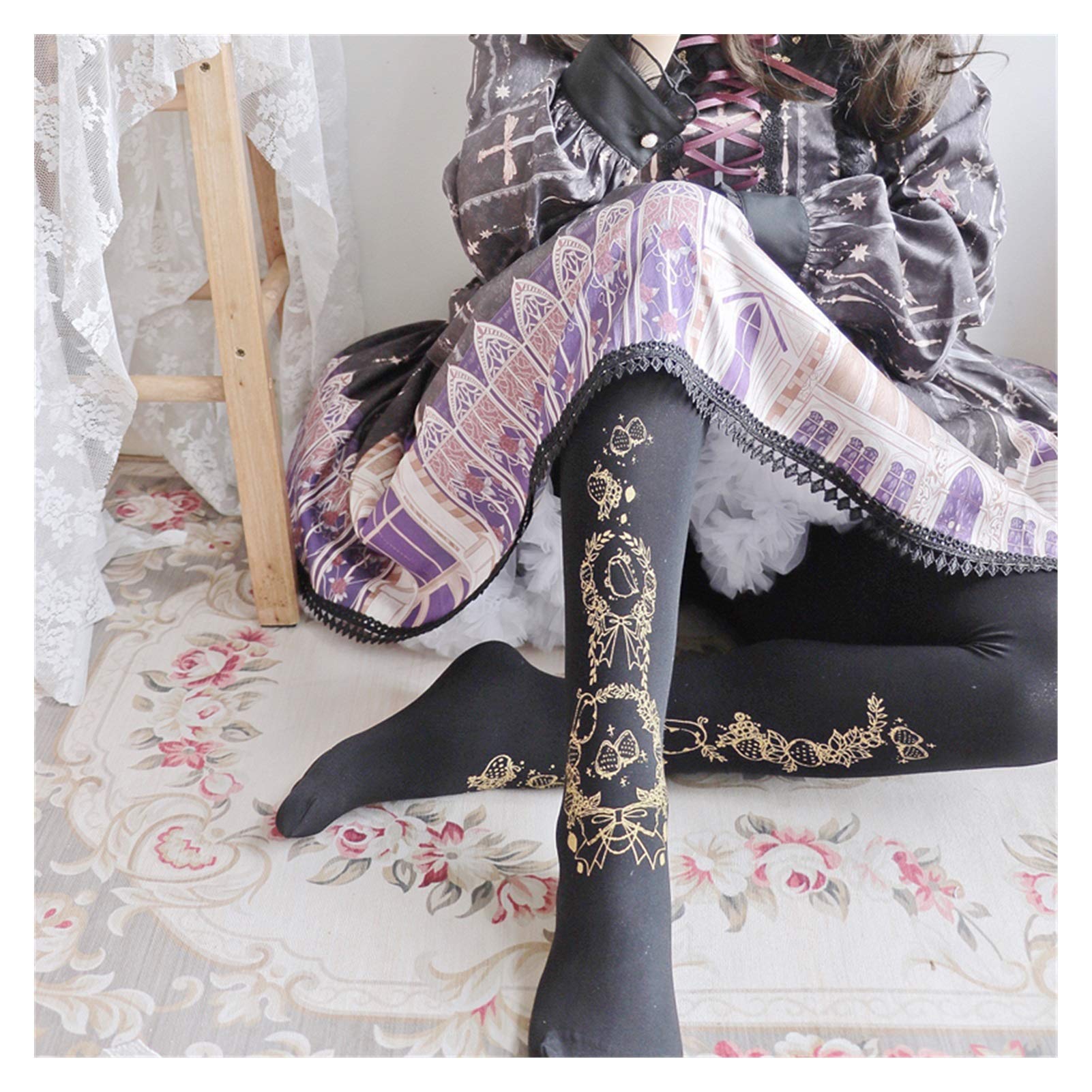 Frühling und Sommer Japanische Lolita Socken Strumpfhosen Basis Weiß Schwarz Vergoldung Seide Gold Mädchen Warm (Color : White Bird Cage)