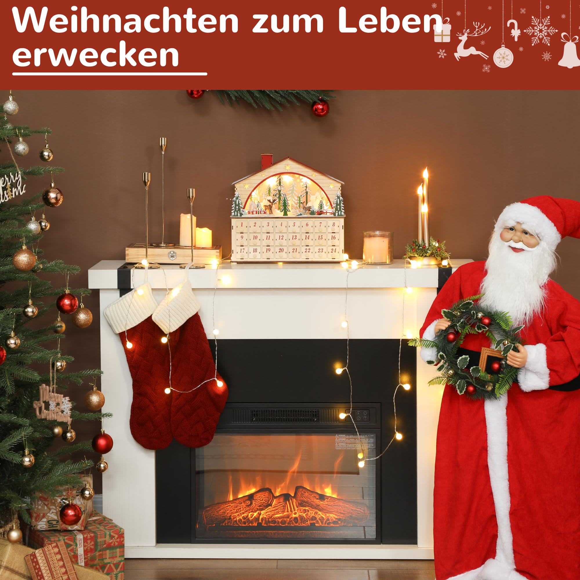HOMCOM Adventskalender zum Befüllen 24 Schubladen Naturholz 36 x 10 x 34 cm | Fächer, Weihnachtskalender, mit LED-Lichtern, Weihnachtsdekoration, Adventskalenderbox, DIY