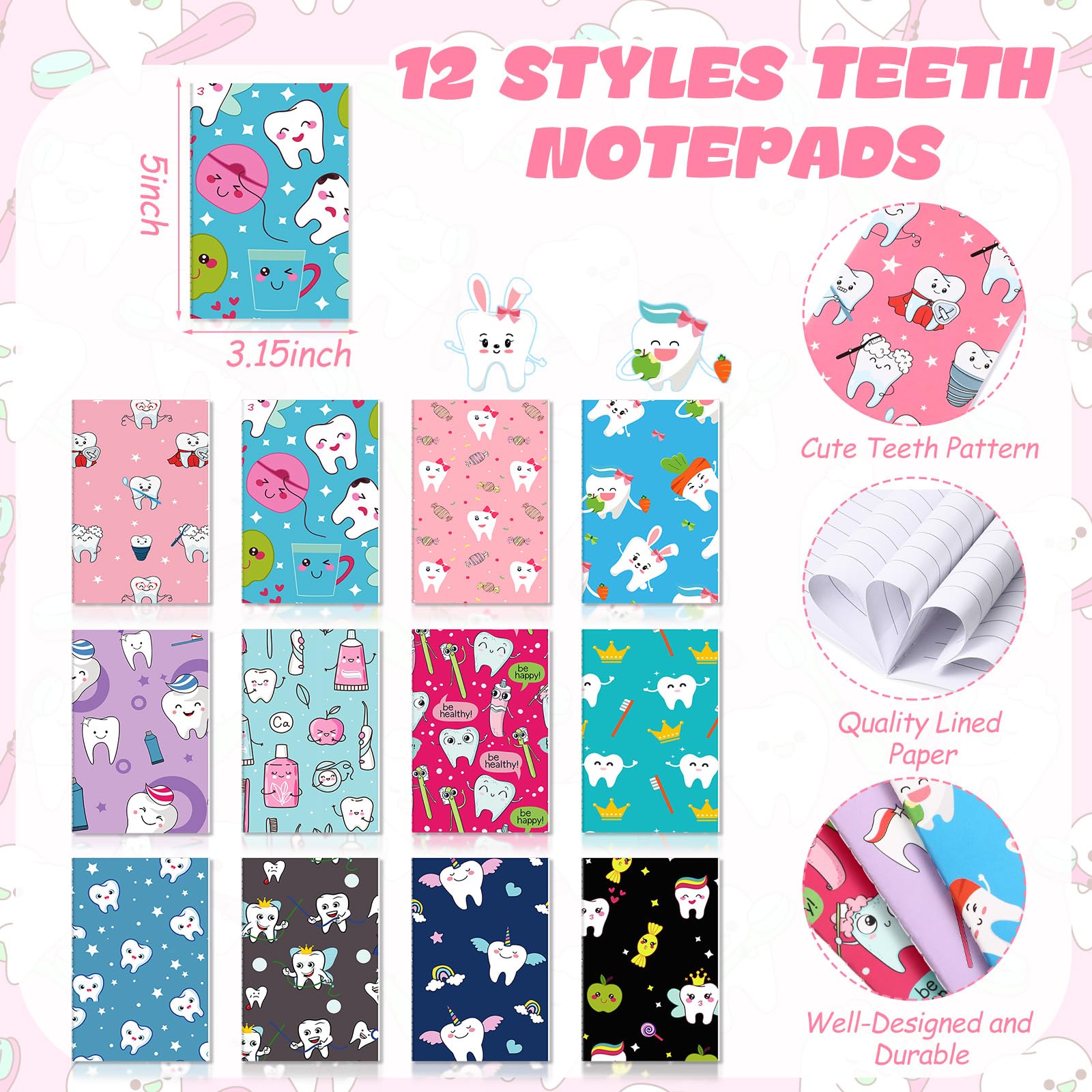 Sayglossy 24 blocs de notas de dientes para asistentes dentales, diarios de dentista, cuaderno de bolsillo pequeño, bolígrafos de 1 mm, tinta negra, regalo de dientes para oficina, escuela, papelería