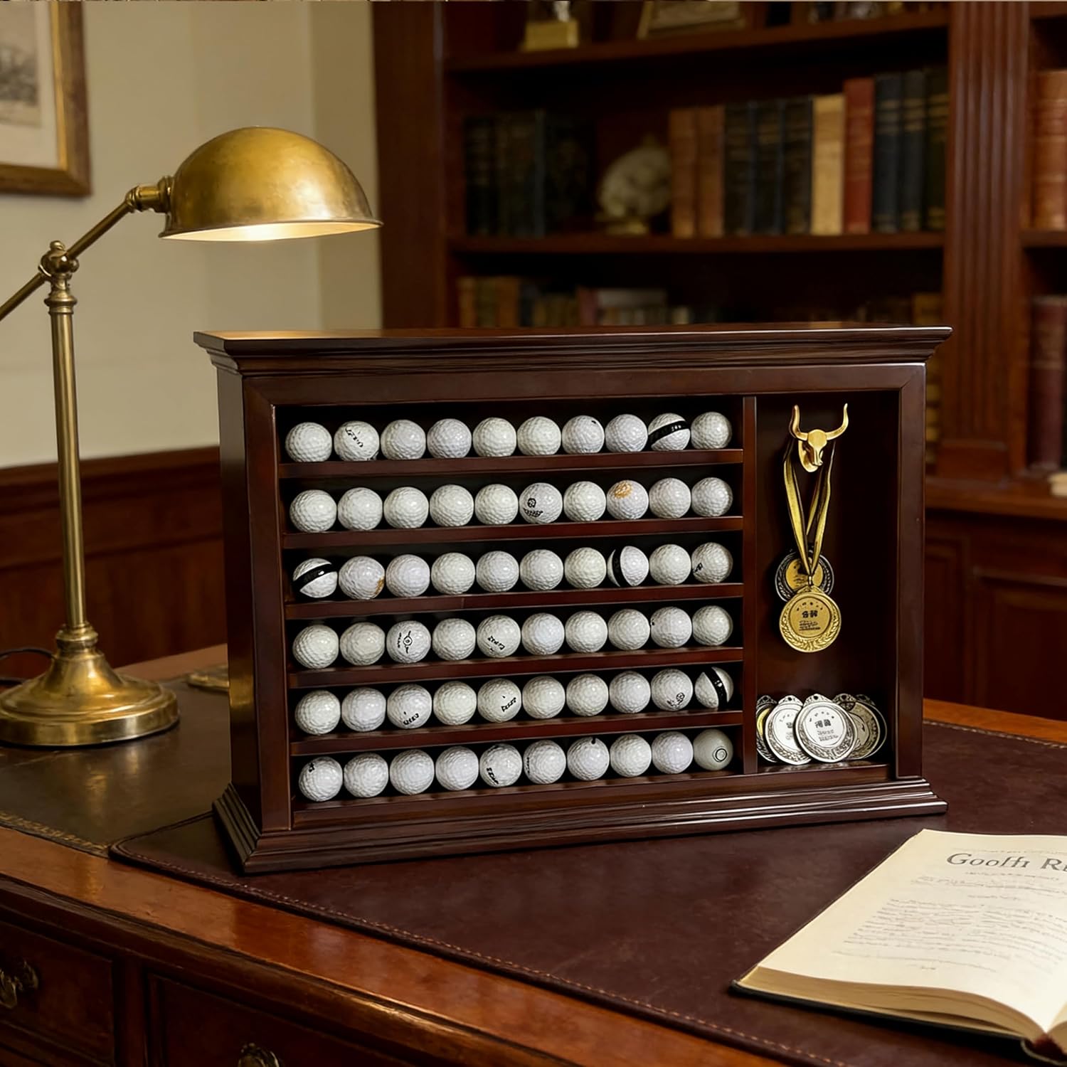 Golf Ball Display Case, Holds 60 Golf Balls, 27"x19"x4", Handmade Solid Wood, Wall Mounted or Tabletop Display, Medal & Trophy Storage Cabinet, Ideal Gift for Golf Enthusiasts