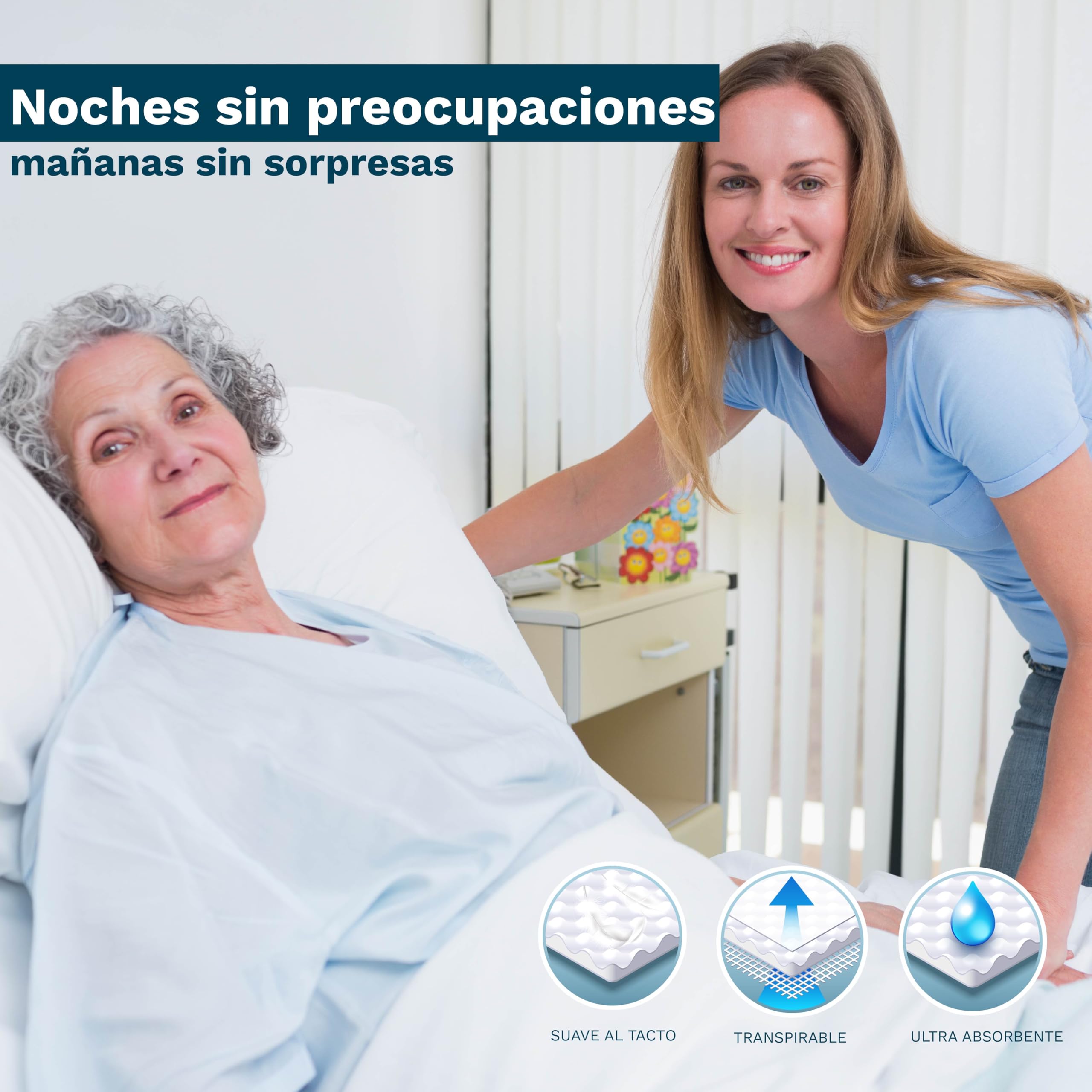 Empapador Cama Adulto 105 x 85 cm Lavable, Reutilizable, Ajustable, Impermeable, No se Arruga, Resiste más de 300 Lavados - Súper Absorbente 4 Capas, Transpirable - Protector de Colchón Incontinencia
