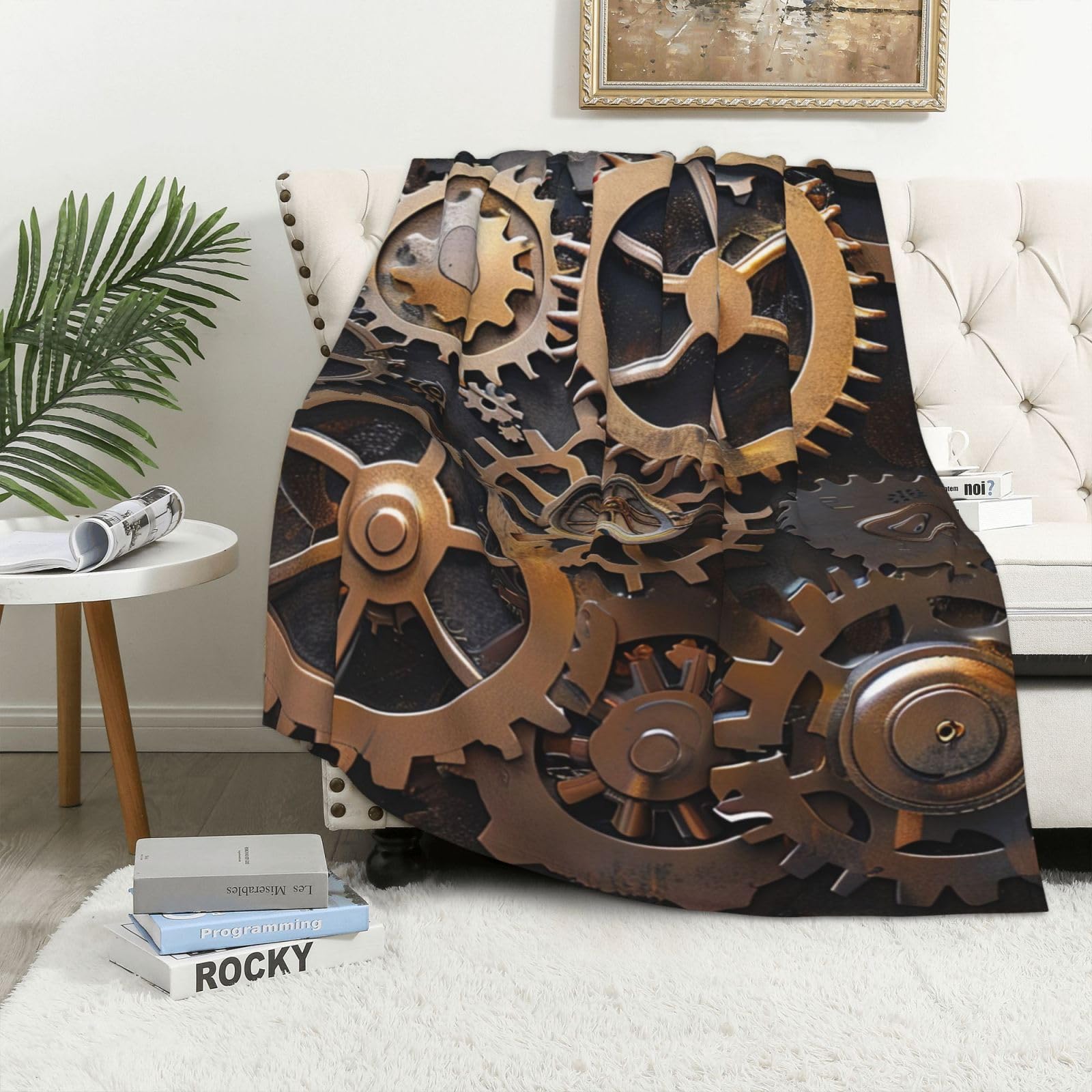 Couverture steampunk en flanelle 100x150 cm avec motif engrenages pour lit et canapé